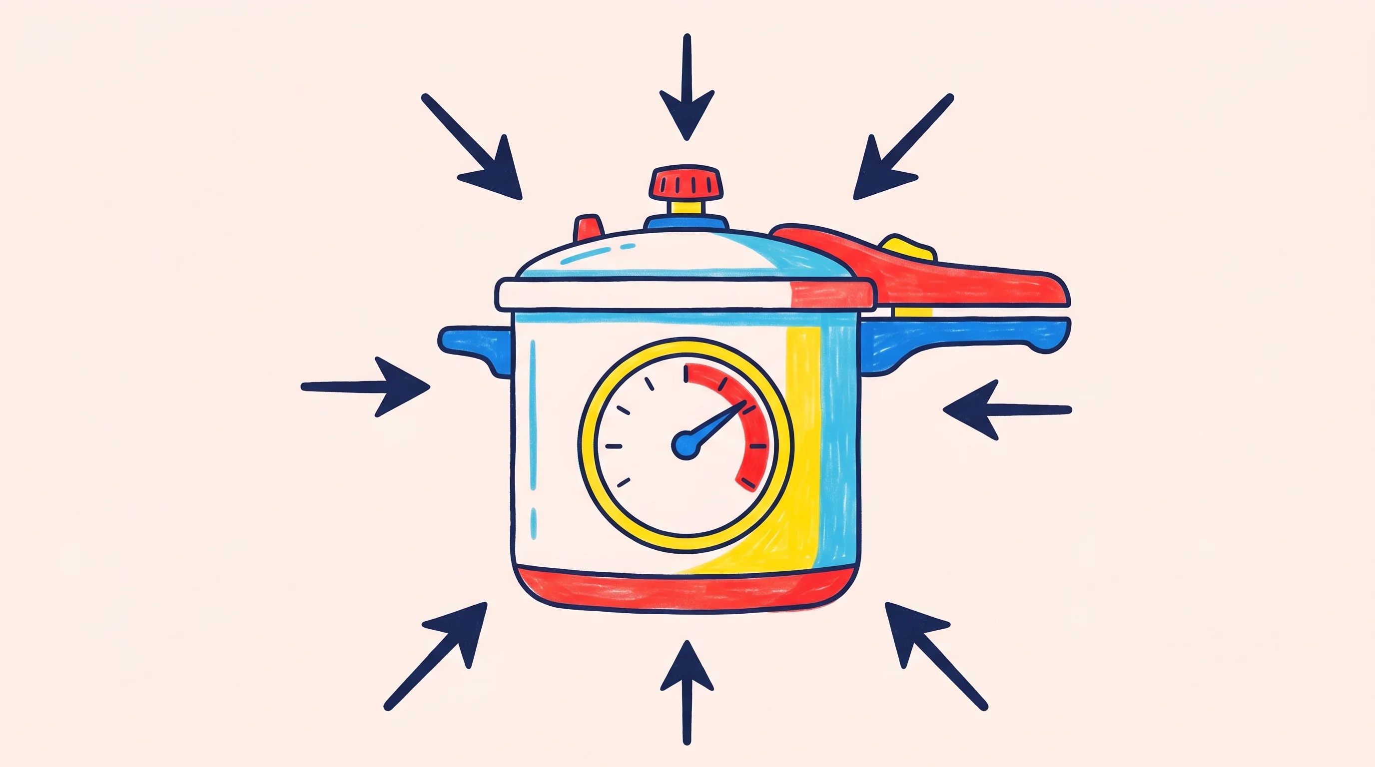 Digital illustration for article section "The Pressure Cooker" in "AI Voice Agents Come to Legacy Call Centers Without the Rip-and-Replace" - A minimalist, conceptual illustration of a stylized pressure cooker with a large gauge dial cranked ...