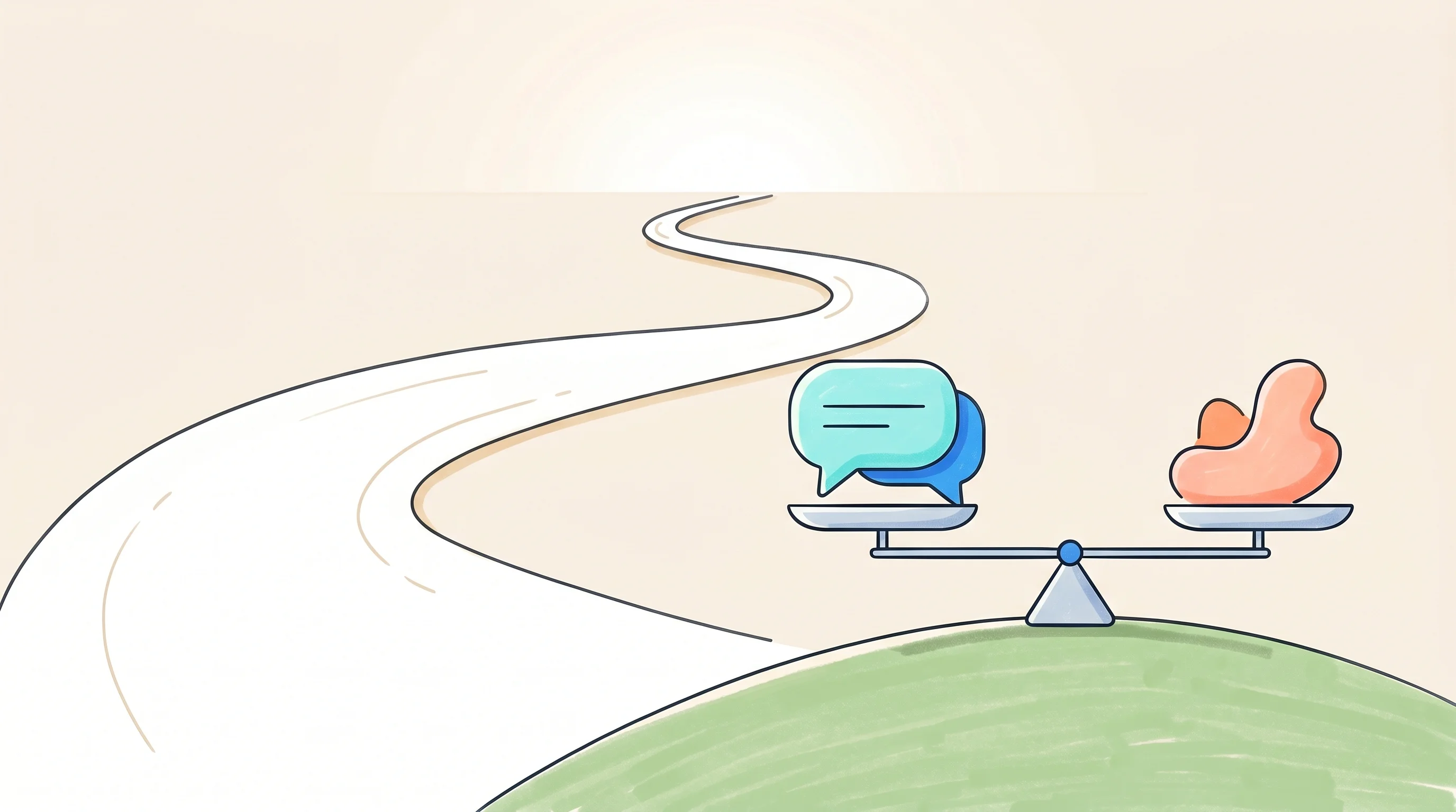 Digital illustration for article section "The Long View" in "AI Voice Agents Come to Legacy Call Centers Without the Rip-and-Replace" - A conceptual, uncluttered illustration depicting a long, winding path stretching toward a bright, di...