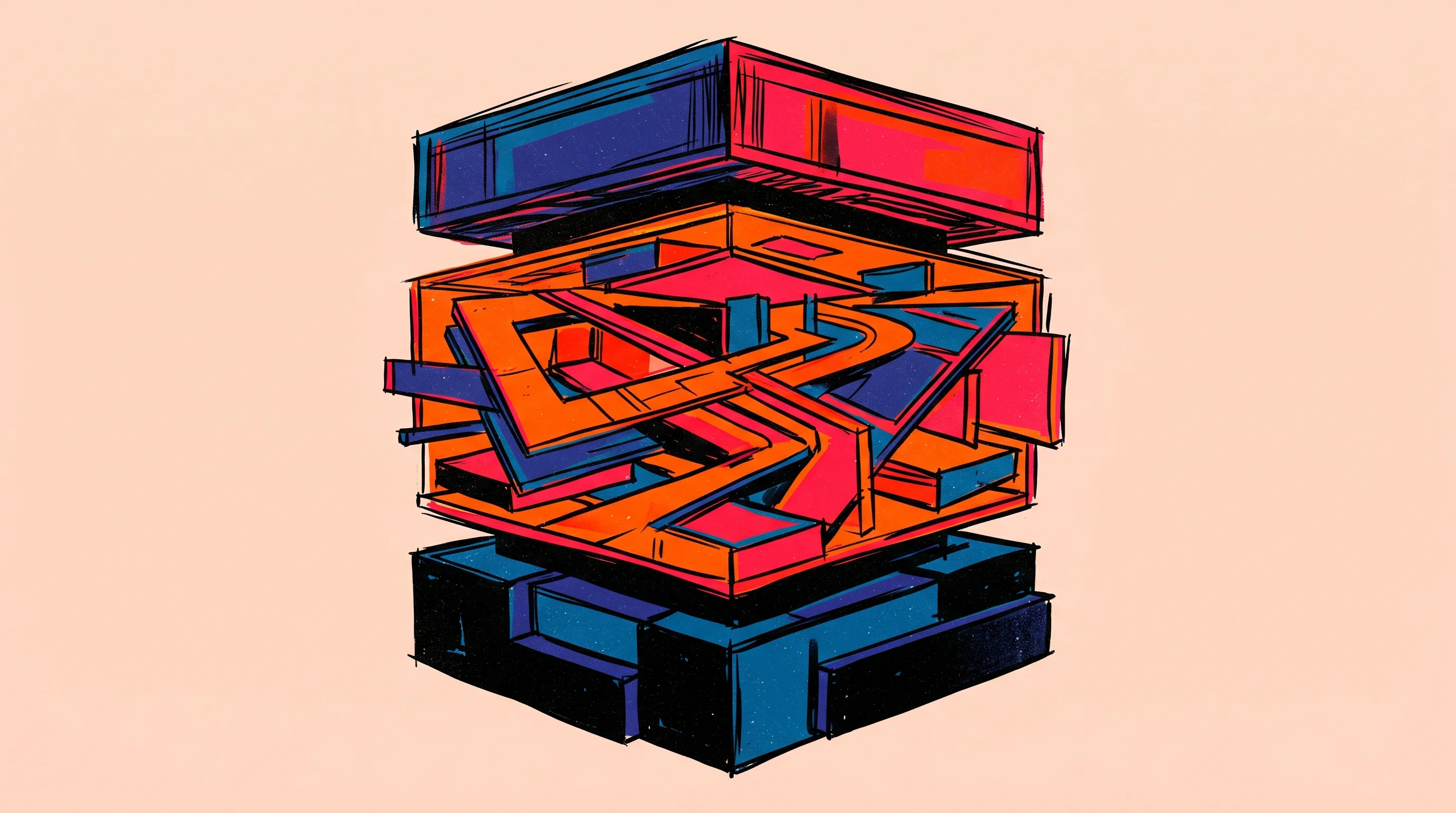 Digital illustration for article section "The Messy Middle Layer" in "StableBrowse Builds Semantic Browser Layer for AI Agent Economy" - A conceptual, abstract illustration of a towering stack of geometric layers representing a software ...