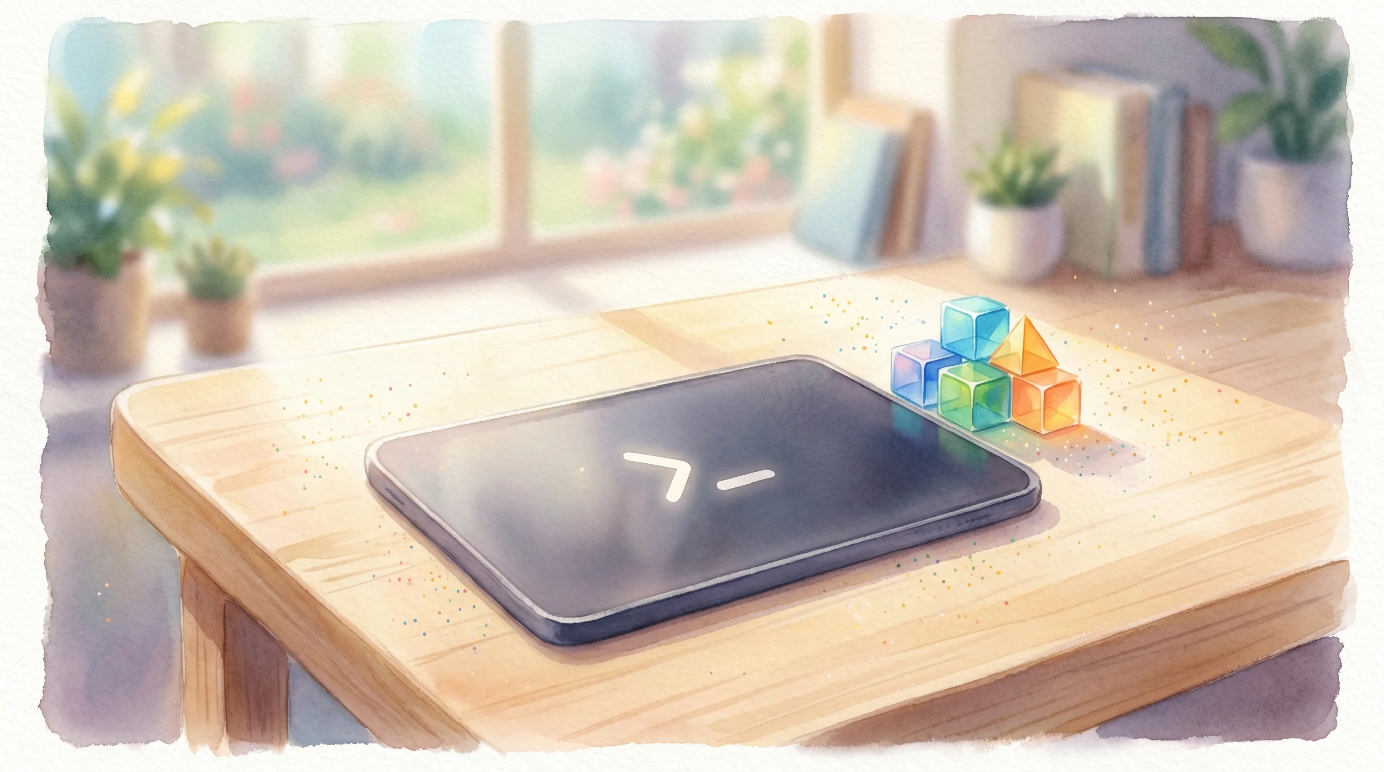 Digital illustration for article section "The CLI Gambit" in "Stage Launches Human-First Code Review for AI-Generated Code" - A sleek, minimalist digital slate displaying a single, elegant command prompt symbol, resting softly...