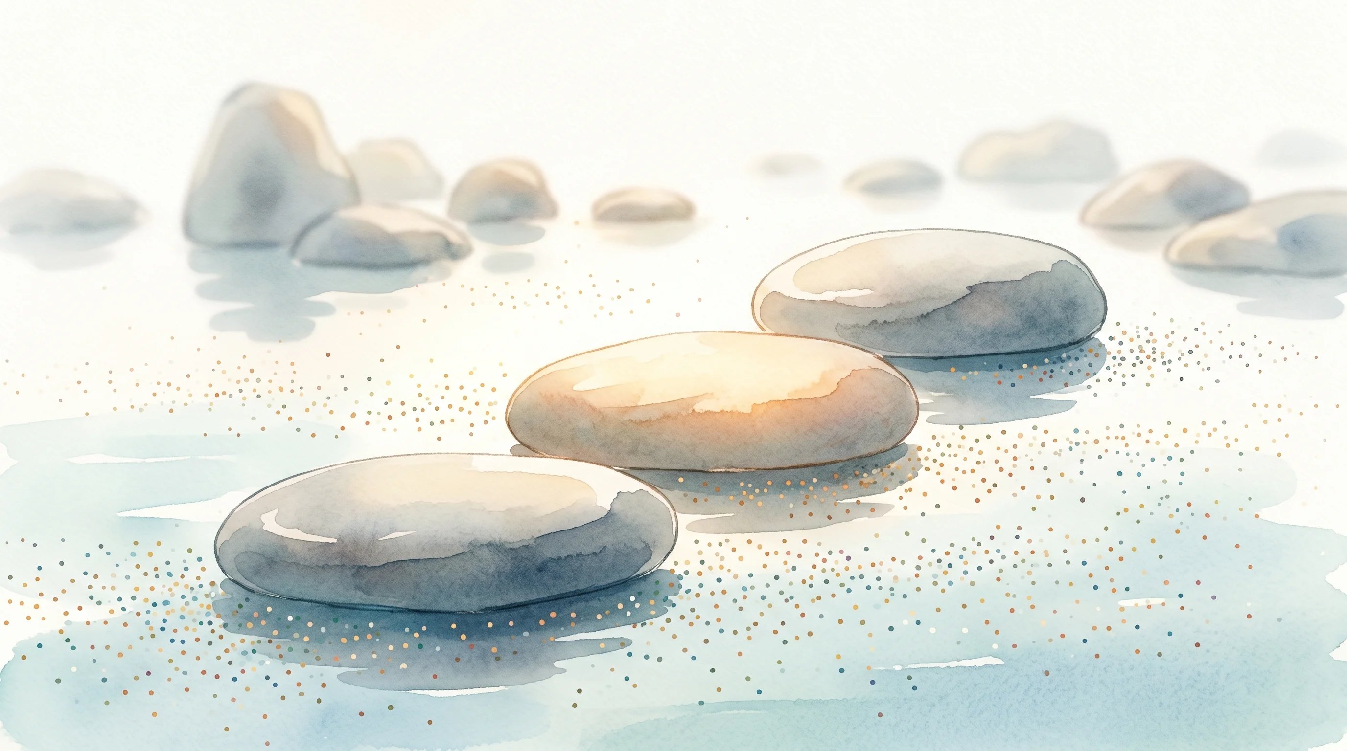 Digital illustration for article section "Crowded Territory" in "Stage Launches Human-First Code Review for AI-Generated Code" - A serene, minimalist composition featuring three smooth, elegant stepping stones rising gradually fr...