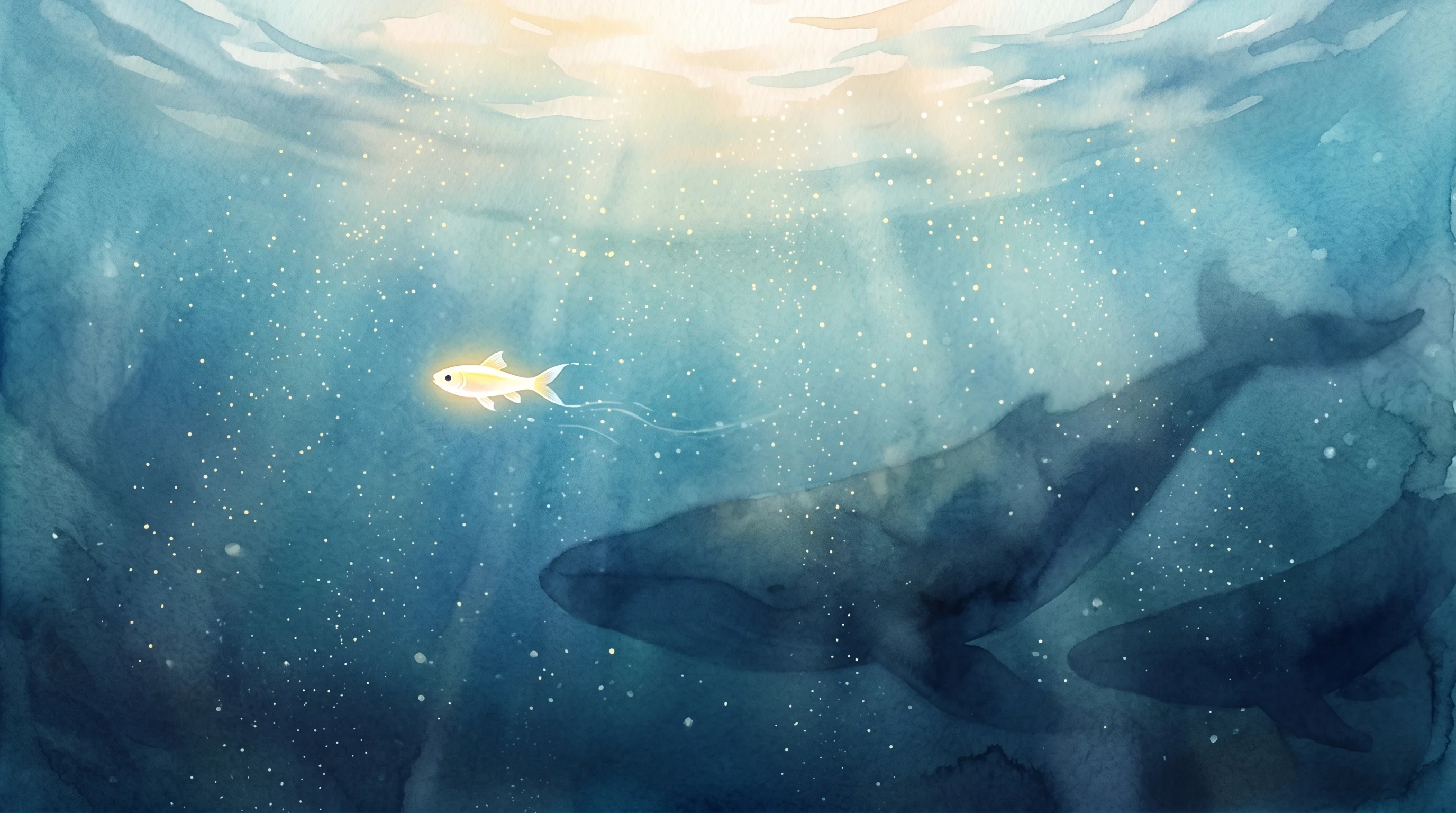 Digital illustration for article section "The Long Game" in "Stage Launches Human-First Code Review for AI-Generated Code" - A clean, minimal, and poetic conceptual illustration of a tiny, luminous minnow swimming bravely for...