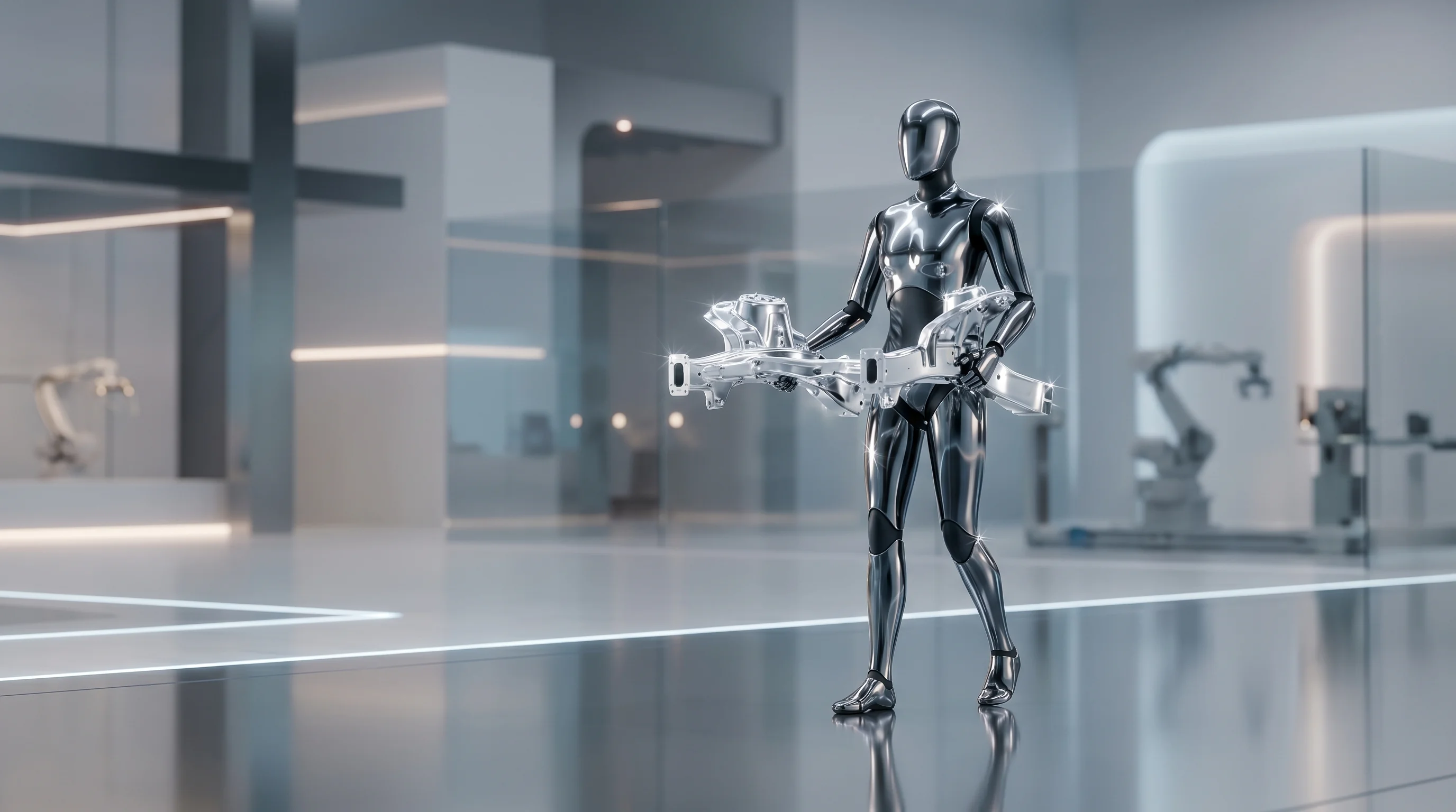 Digital illustration for article section "Deployment Reality Check" in "The Race to Build Robot Brains: Inside Physical AI's Intelligence Gap" - A sleek, faceless modern humanoid robot carrying a polished automotive chassis component through a p...
