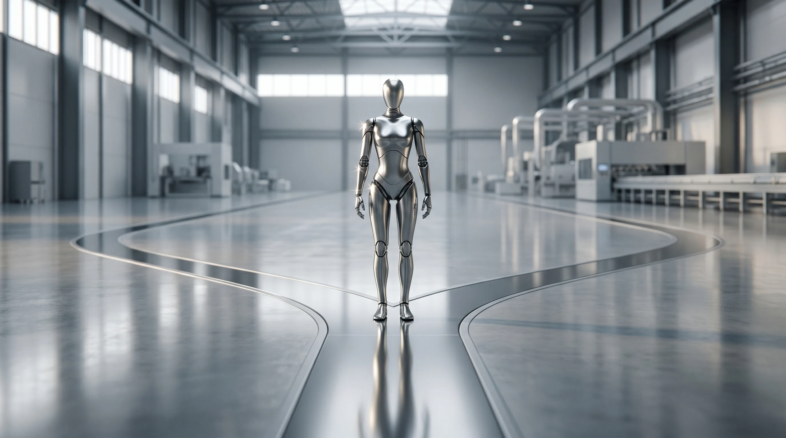 Digital illustration for article section "Divergent Futures" in "The Race to Build Robot Brains: Inside Physical AI's Intelligence Gap" - A sleek, abstract metallic humanoid form stands at a subtle diverging path on a vast, minimalist fac...