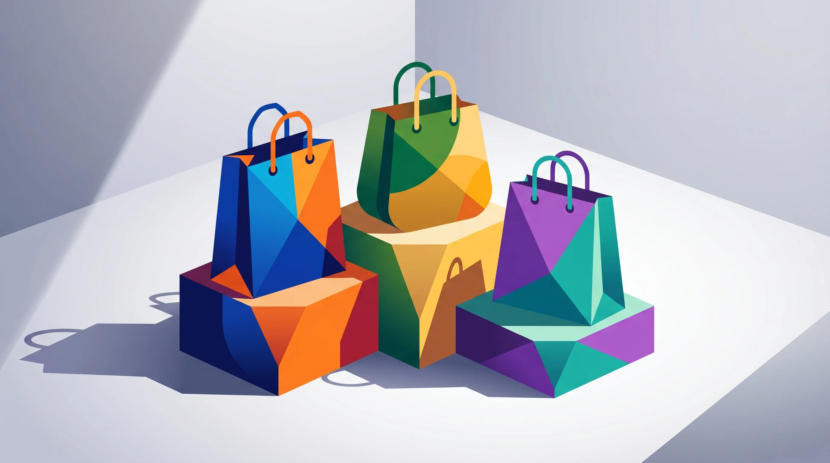 Digital illustration for article section "A Crowded Field Gets More Crowded" in "YC-Backed Amboras Launches AI Store Builder to Take On Shopify" - A conceptual, modern illustration of three distinct, stylized sleek shopping bags and abstract retai...