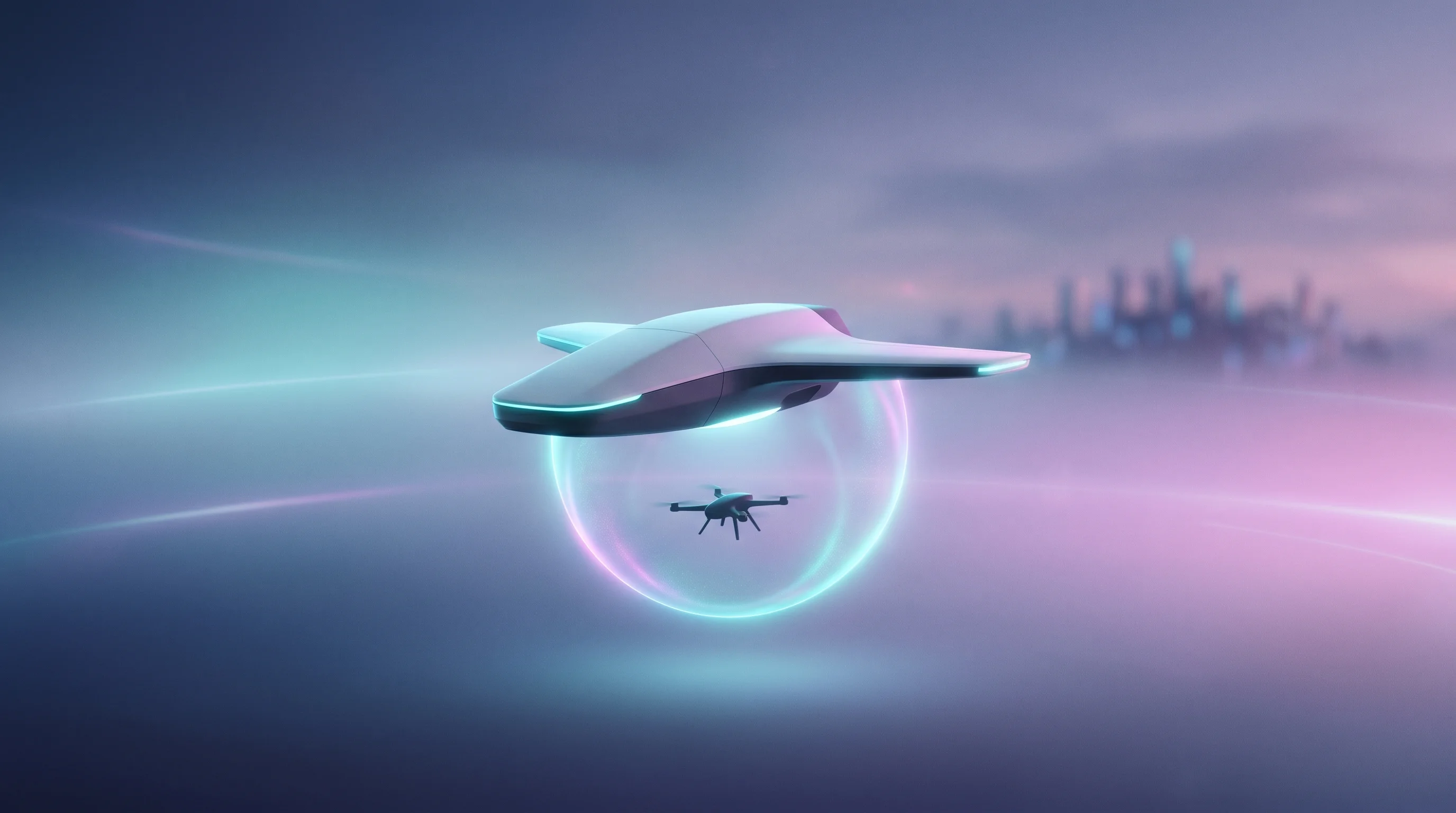 Digital illustration for article section "The Pentagon's Distributed Bet" in "Beyond Radar: How Passive Sensors Are Reshaping Drone Security" - A sleek, minimalist conceptual representation of a futuristic low-collateral drone interceptor float...