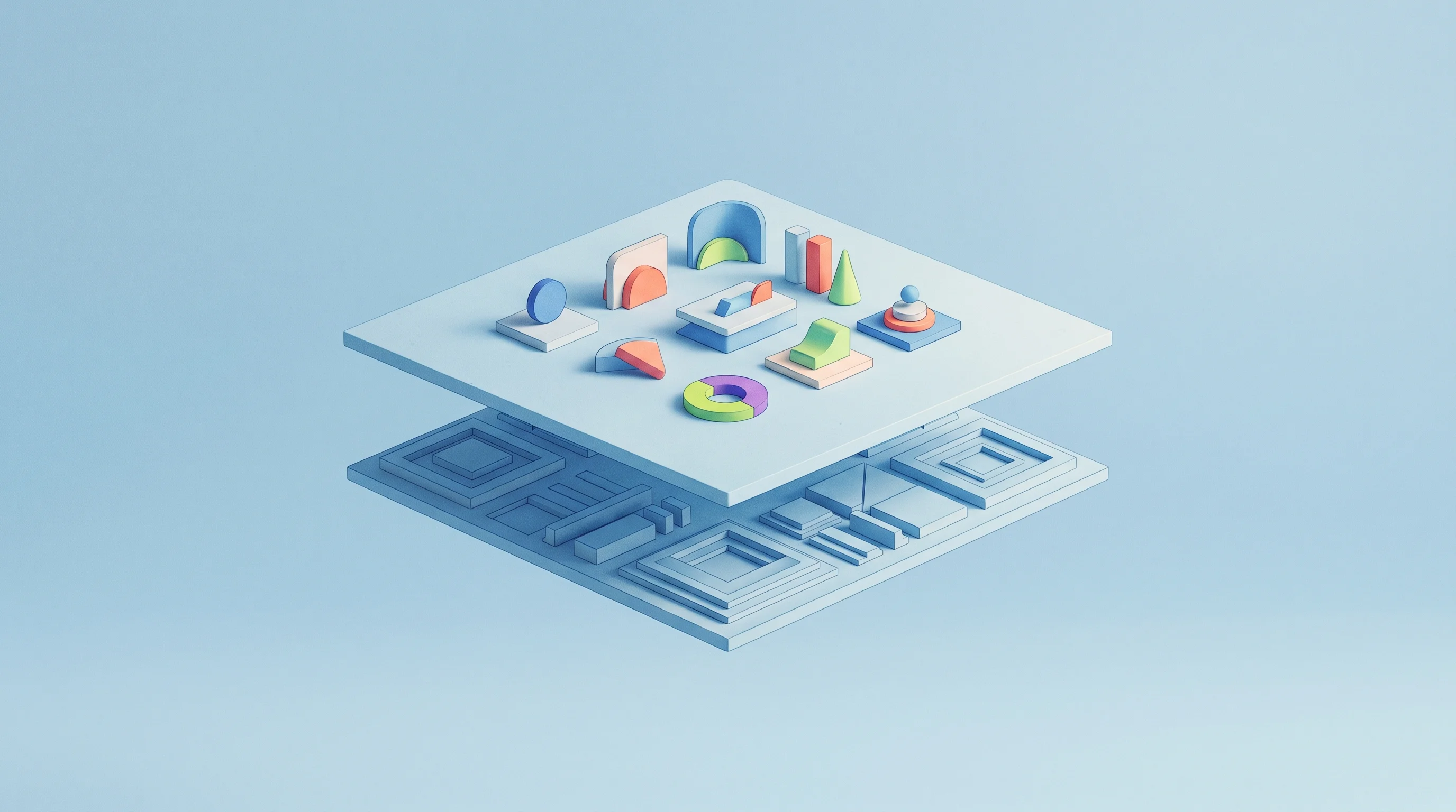 Digital illustration for article section "Two Surfaces, One Bet" in "Kinect Launches AI Stack That Rewrites Product Pages in Real Time" - A conceptual, minimalist illustration representing a dual-layered digital architecture, featuring a ...