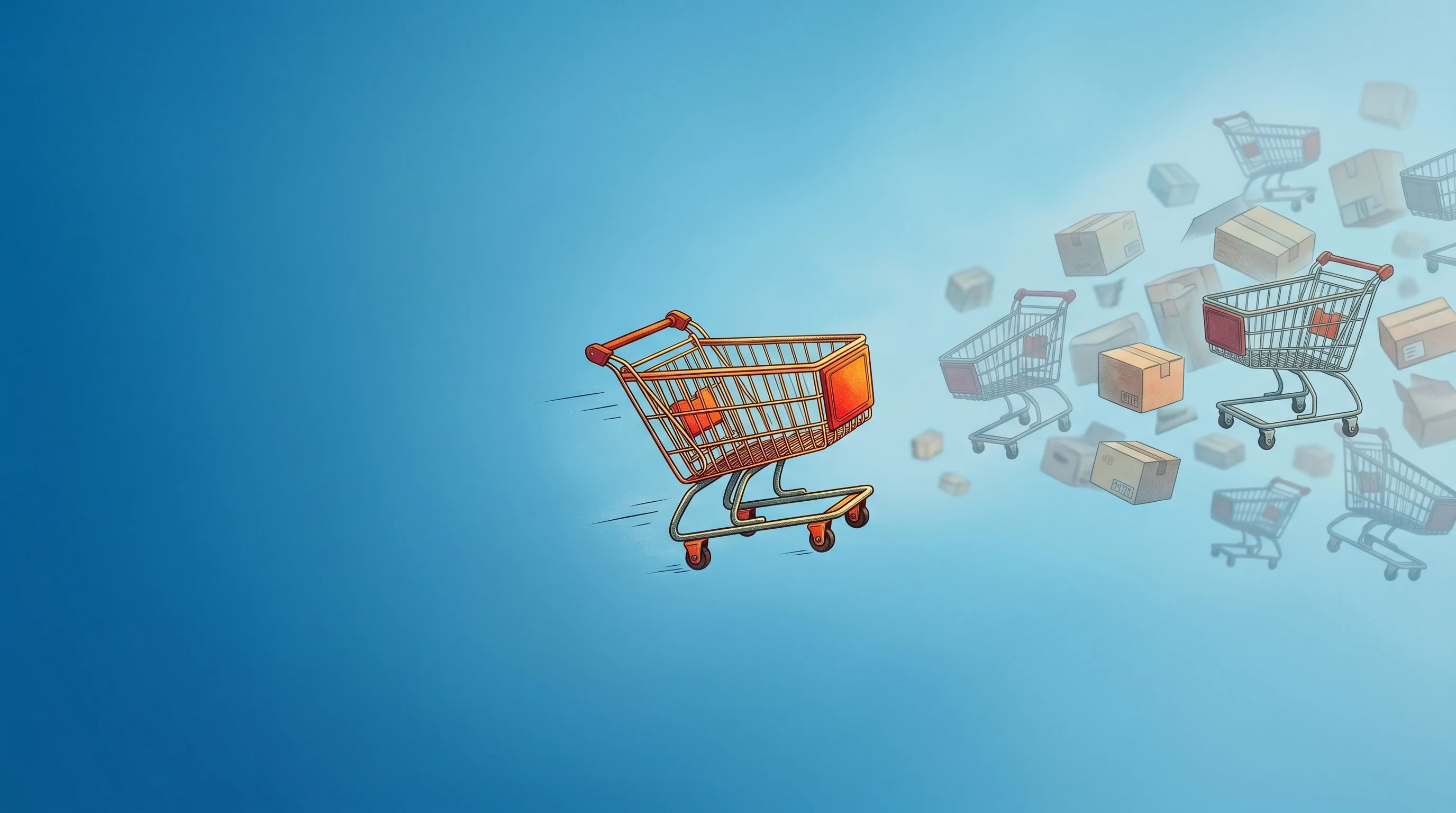 Digital illustration for article section "Crowded, Noisy, Moving Fast" in "Kinect Launches AI Stack That Rewrites Product Pages in Real Time" - A surreal, beautifully illustrated scene depicting a fast-moving, vibrant shopping cart racing ahead...