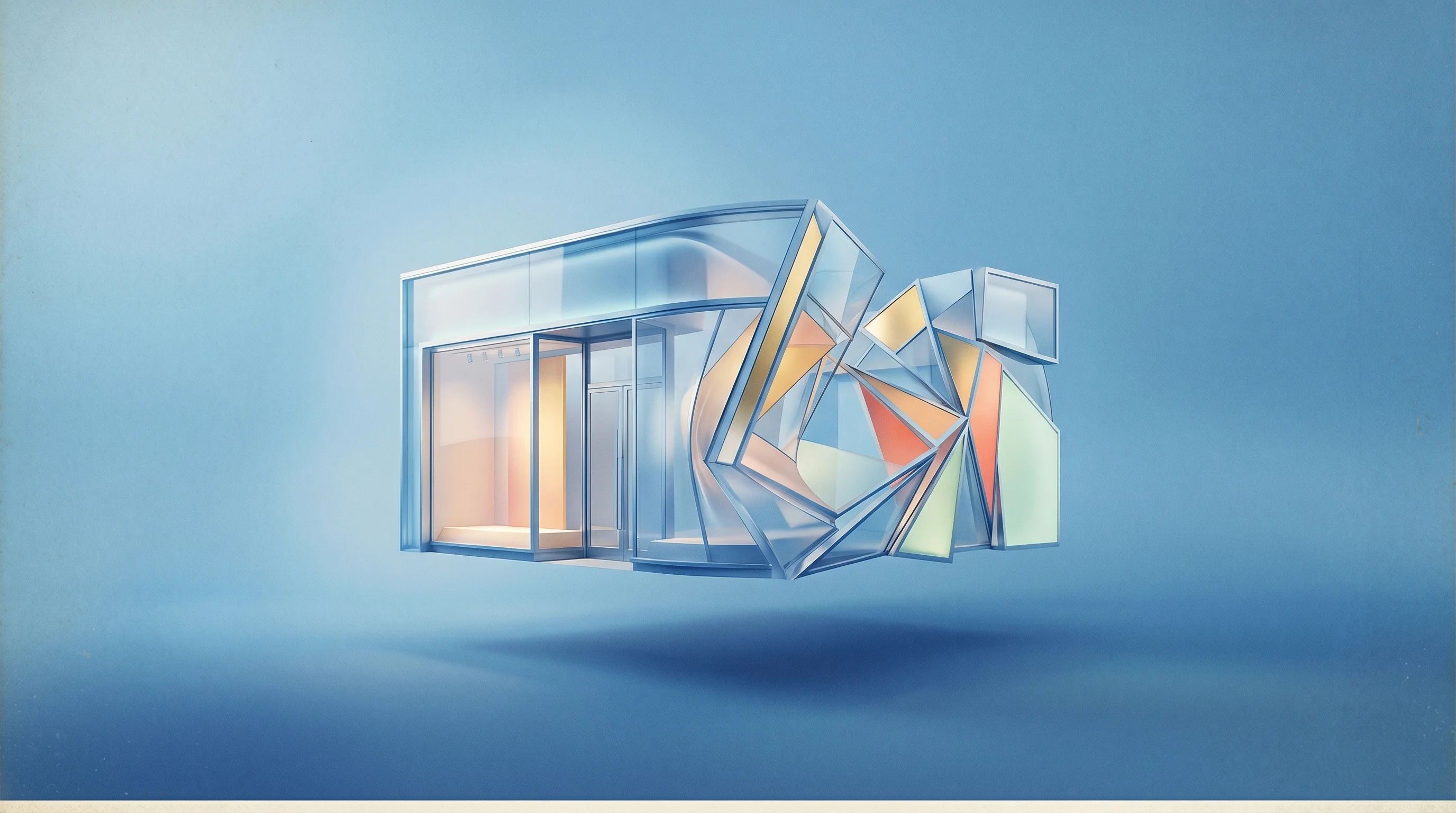 Digital illustration for article section "The Shape-Shifting Storefront" in "Kinect Launches AI Stack That Rewrites Product Pages in Real Time" - A minimalist and conceptual representation of a shape-shifting storefront, featuring a clean, floati...