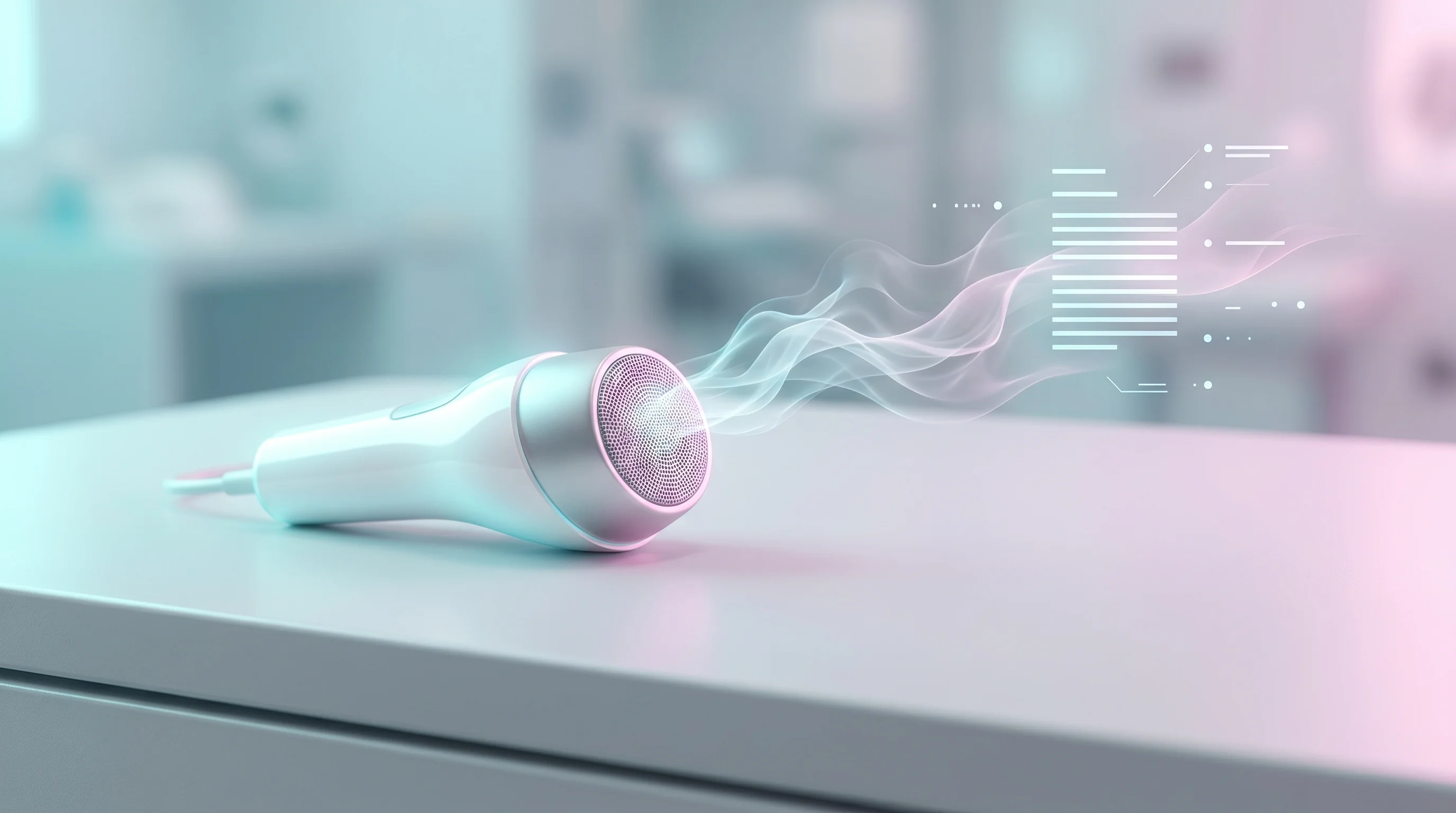 Digital illustration for article section "What Comes Next" in "YC-Backed Voquill Launches AI Scribe That Saves Pathologists 20% Daily" - A sleek, minimalist medical dictation microphone resting on a pristine, uncluttered clinical surface...