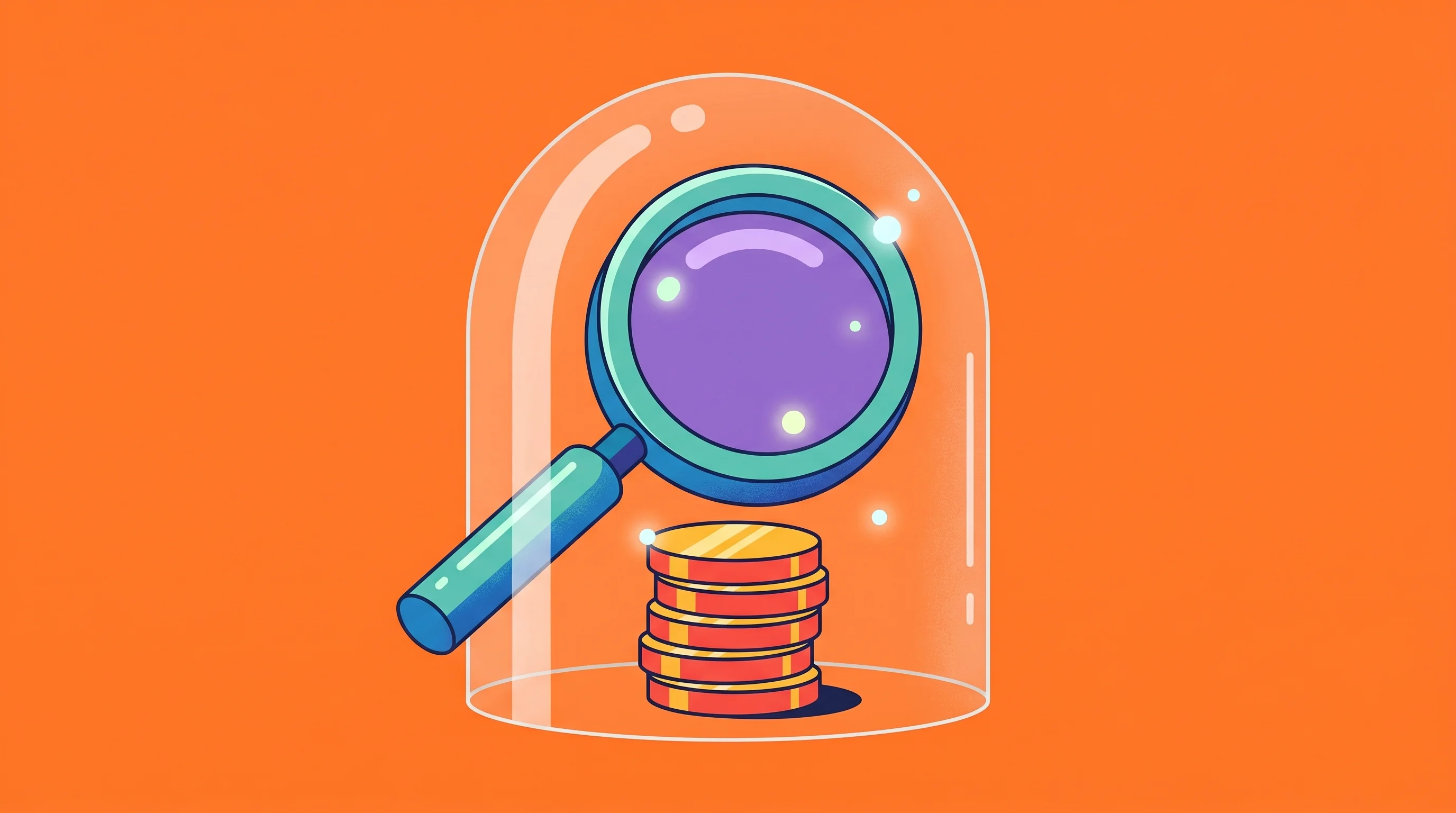 Digital illustration for article section "What It Actually Does" in "Gravy's AI Agents Promise to Move Money—But Can't Yet" - A sleek, stylized magnifying glass gently hovering over a neat, minimalist stack of coins enclosed w...