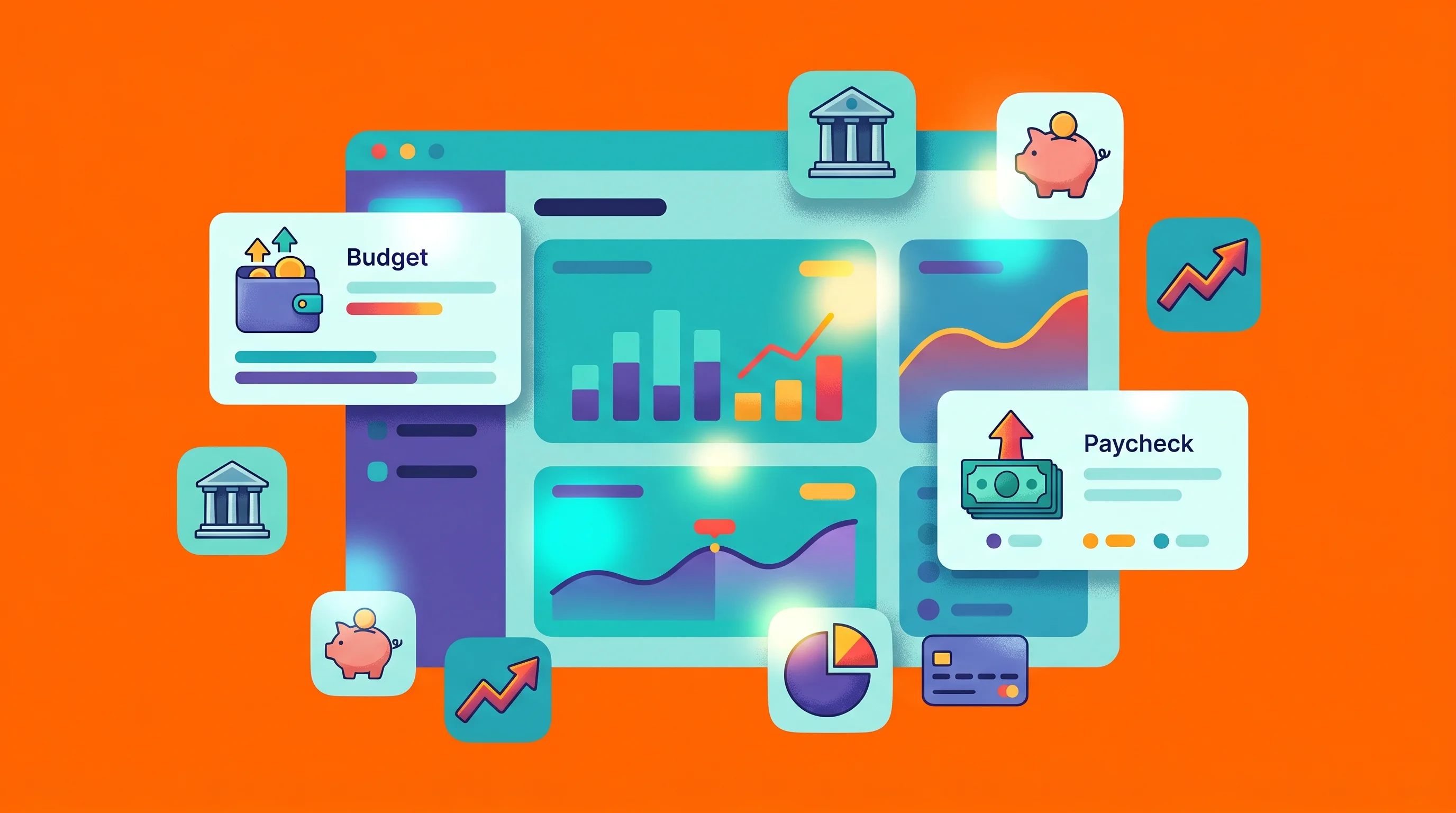 Digital illustration for article section "Under the Hood" in "Gravy's AI Agents Promise to Move Money—But Can't Yet" - A conceptual, modern visualization of a sleek desktop financial application interface floating in a ...