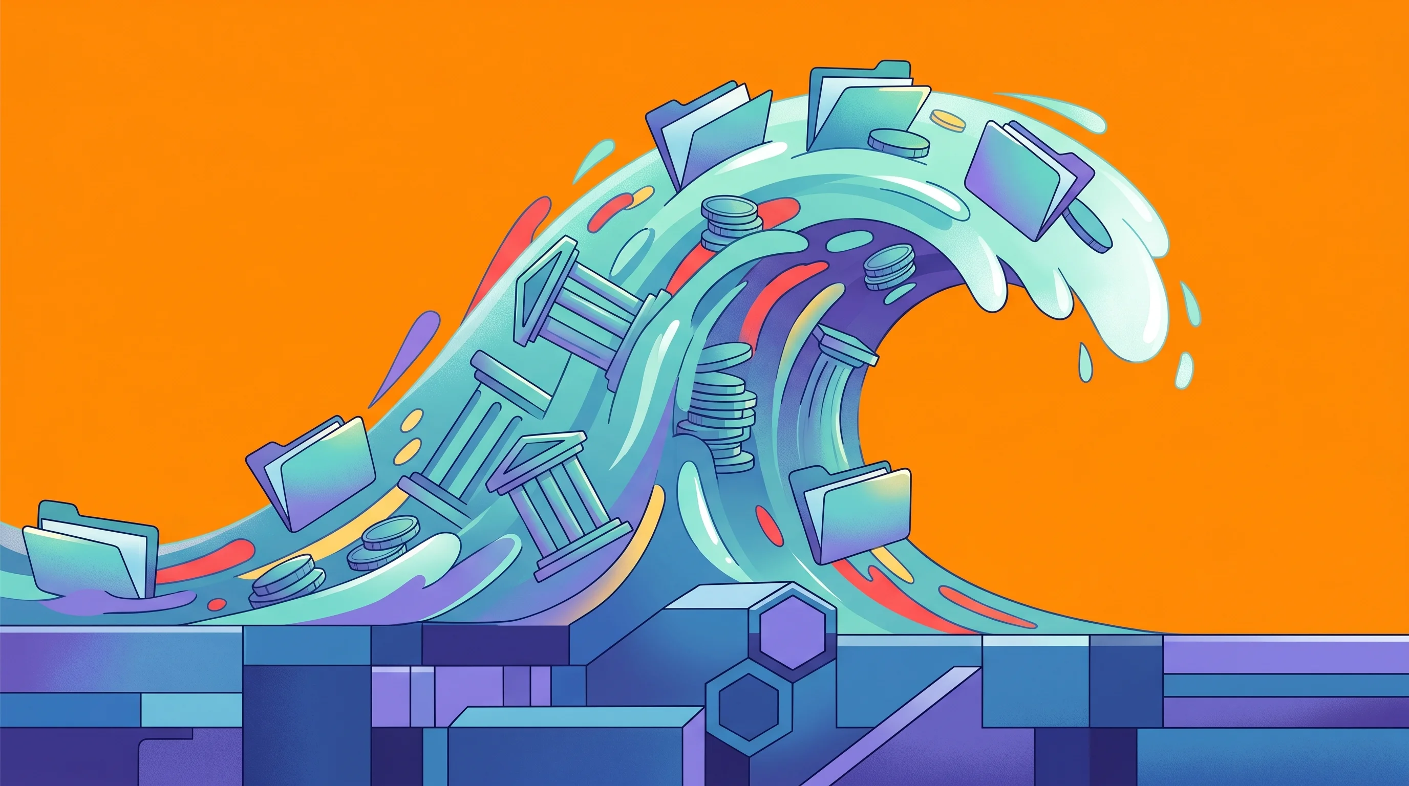 Digital illustration for article section "The Broader Wave (and Undertow)" in "Gravy's AI Agents Promise to Move Money—But Can't Yet" - A dynamic, sweeping ocean wave composed of stylized financial elements like abstract coins, classic ...