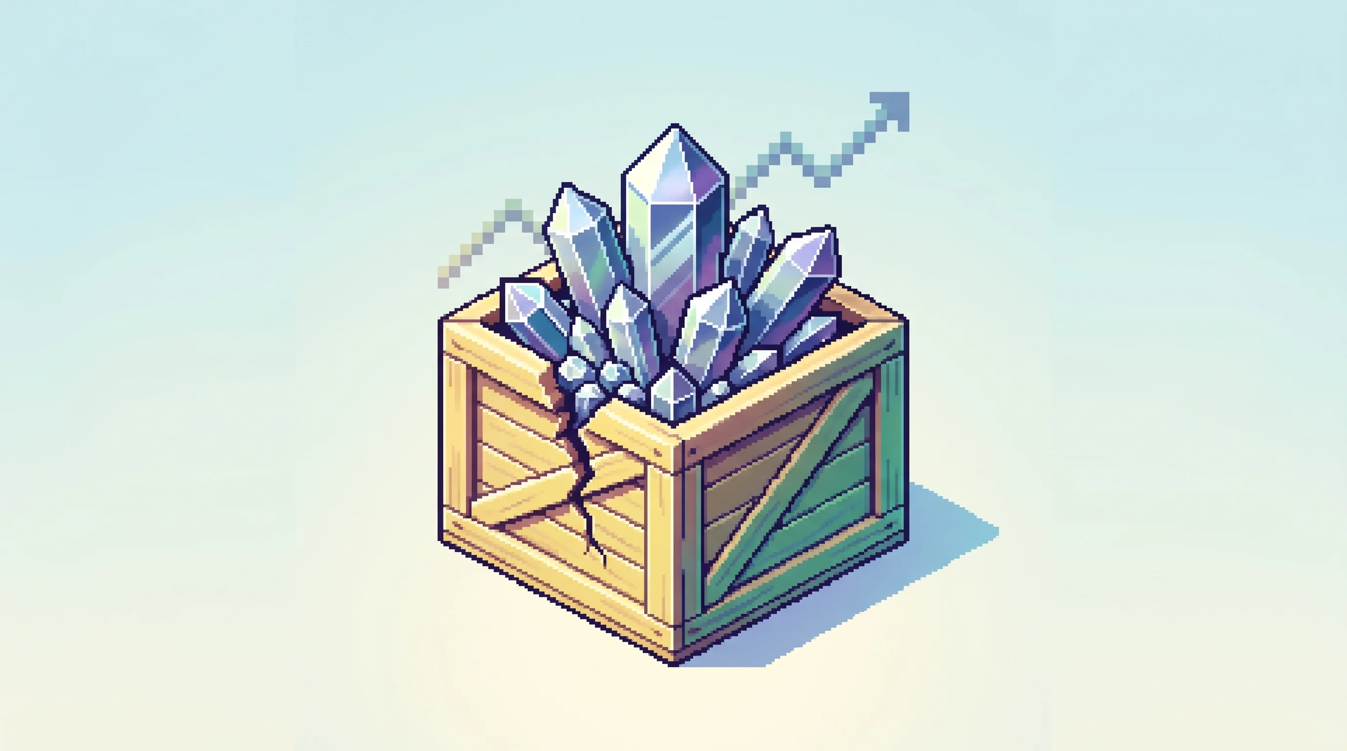 Digital illustration for article section "Geopolitics and Other Complications" in "AI Scientists Compress Decade of Chip Materials R&D Into Months" - An isometric pixel art illustration of a single, clean shipping crate resting on a soft, uncluttered...
