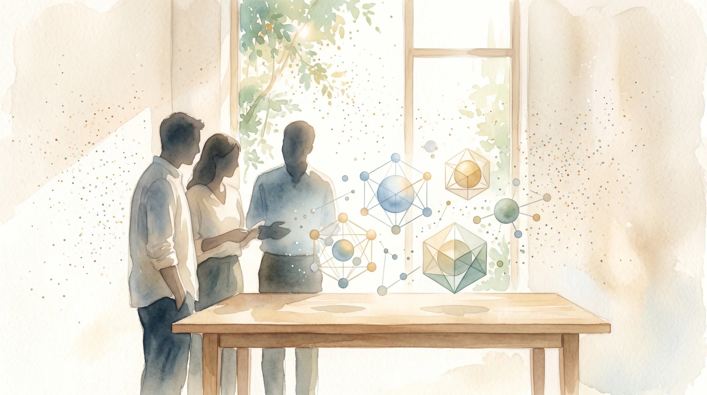 Digital illustration for article section "The Team Behind It" in "YouArt Launches 'Patreon for AI Video' With $1M Revenue Run-Rate" - A minimalist and conceptual representation of a founding team's collaborative expertise in machine l...