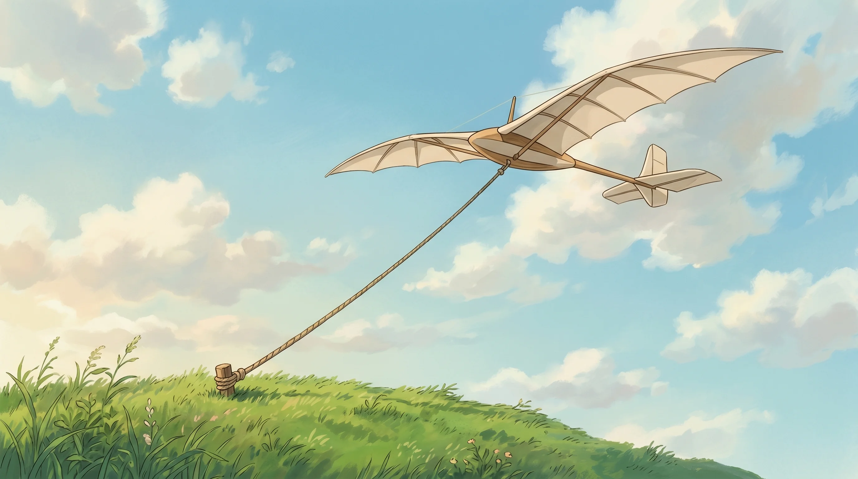 Digital illustration for article section "What Actually Might Be Possible" in "Thomas: Inside the First AI Founder Starting His Own Companies" - A clean and minimal conceptual illustration of an elegant, autonomous kite-like glider soaring smoot...