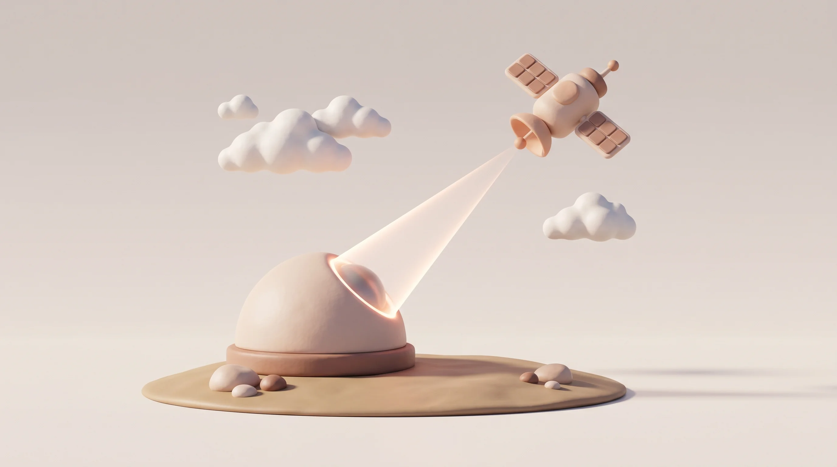 Digital illustration for article section "Weather, Scale, and the Ground Station Problem" in "QOSMIC Raises $3.3M to Build Laser 'Highway' Between Earth and Space" - A clean, minimal 3D composition featuring a sleek, rounded optical ground station resting on a smoot...
