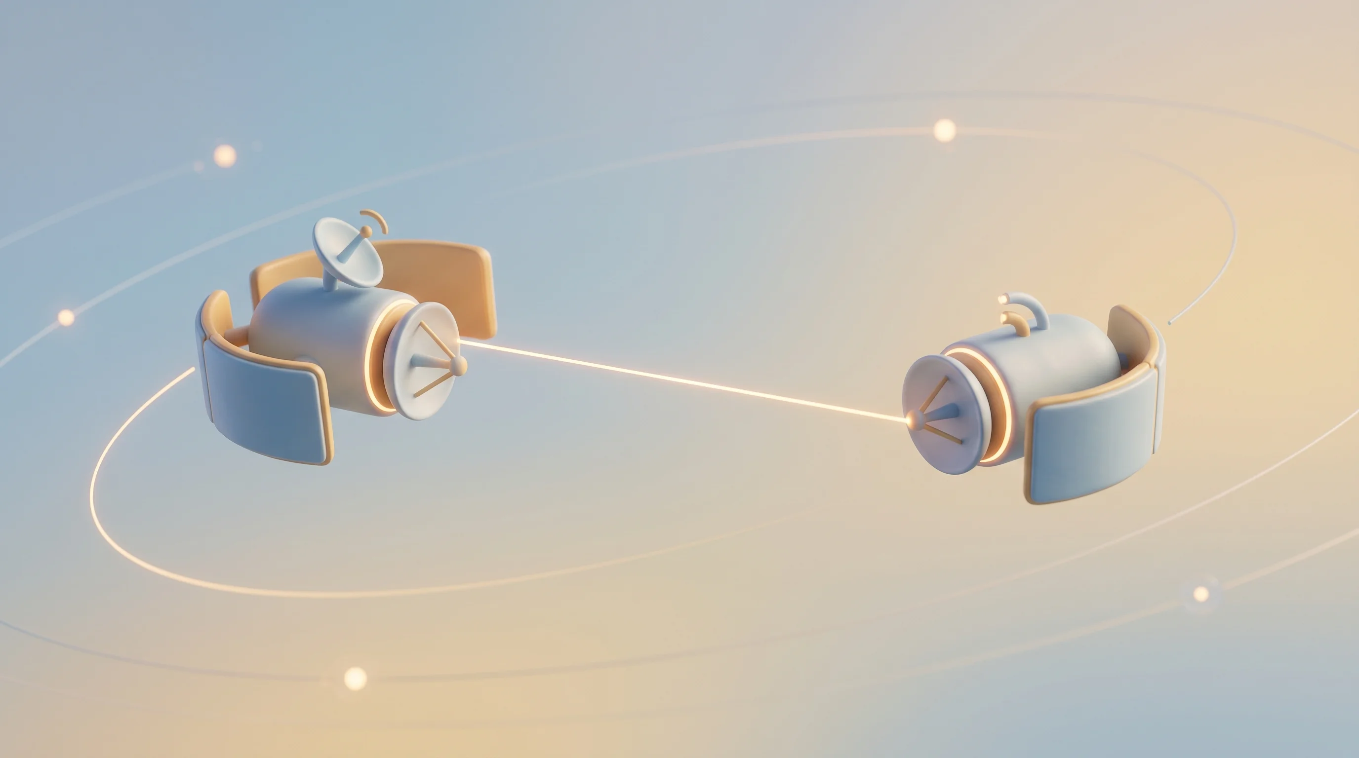 Digital illustration for article section "A Crowded Sky" in "QOSMIC Raises $3.3M to Build Laser 'Highway' Between Earth and Space" - A clean, minimal 3D composition representing a crowded sky of orbital technology and space investmen...