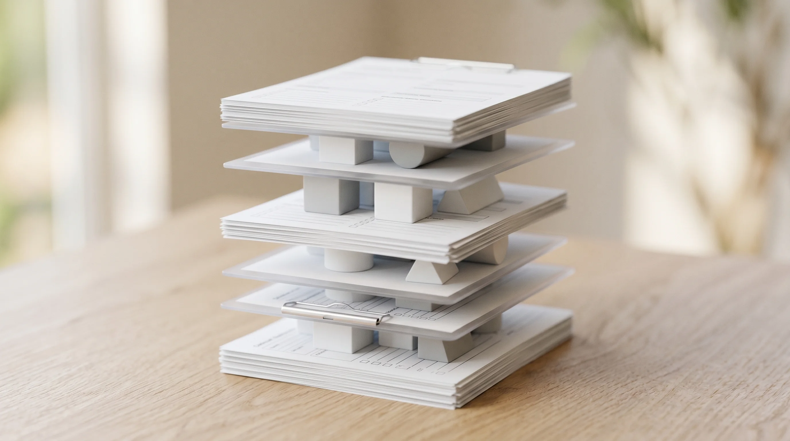 Digital illustration for article section "The Diagnostic Stack" in "Kivira Raises $1.8M to Bring AI Mental Health Diagnostics to Primary Care" - A macro tilt-shift photograph of a conceptual diagnostic stack, featuring a minimalist, cleanly laye...
