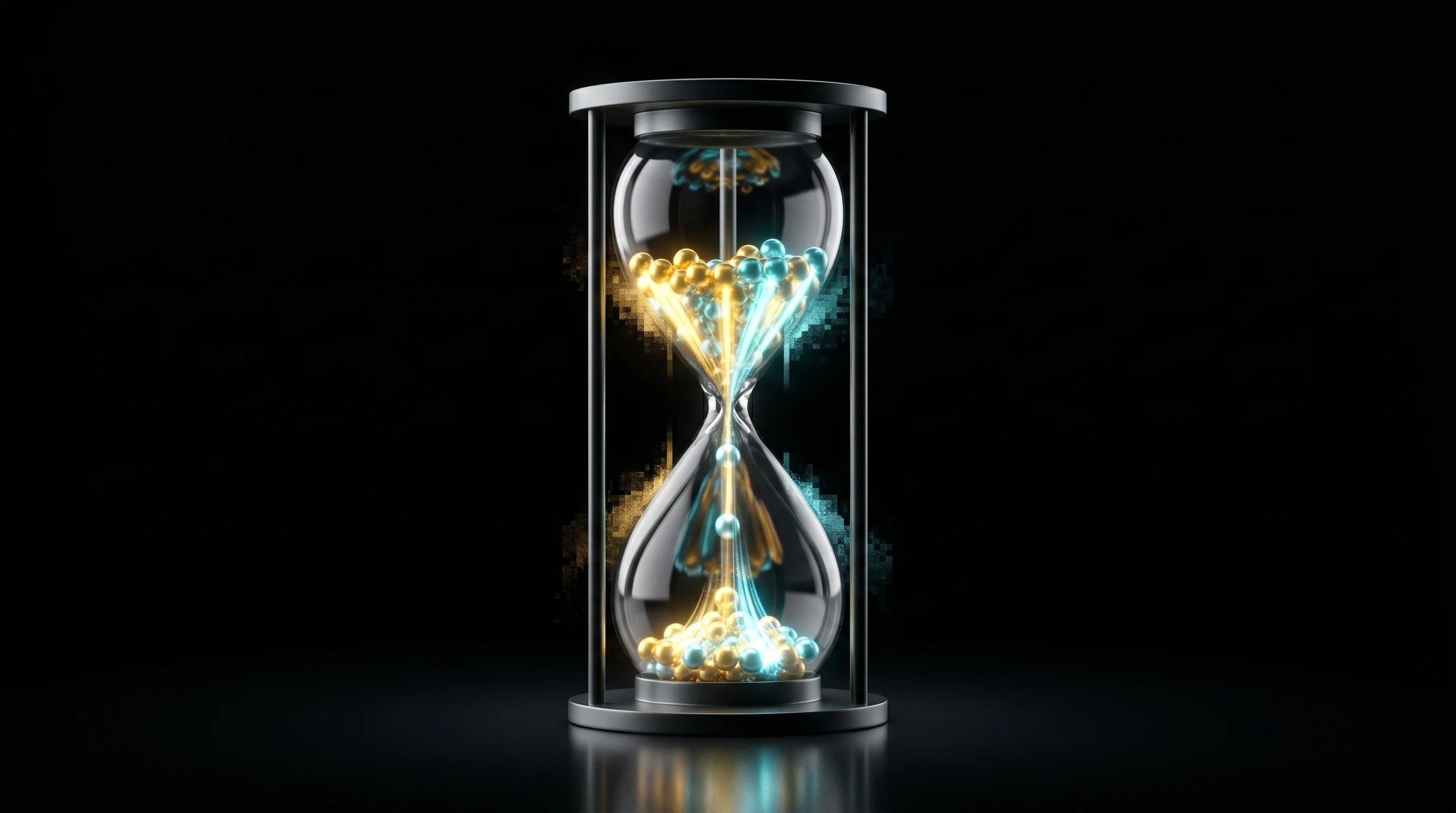 Digital illustration for article section "Timing the Market" in "Lama AI Lands $12M Series A to Automate Business Lending with GenAI" - A sleek, minimalist hourglass stands as the single strong focal point against a deep, pure black bac...
