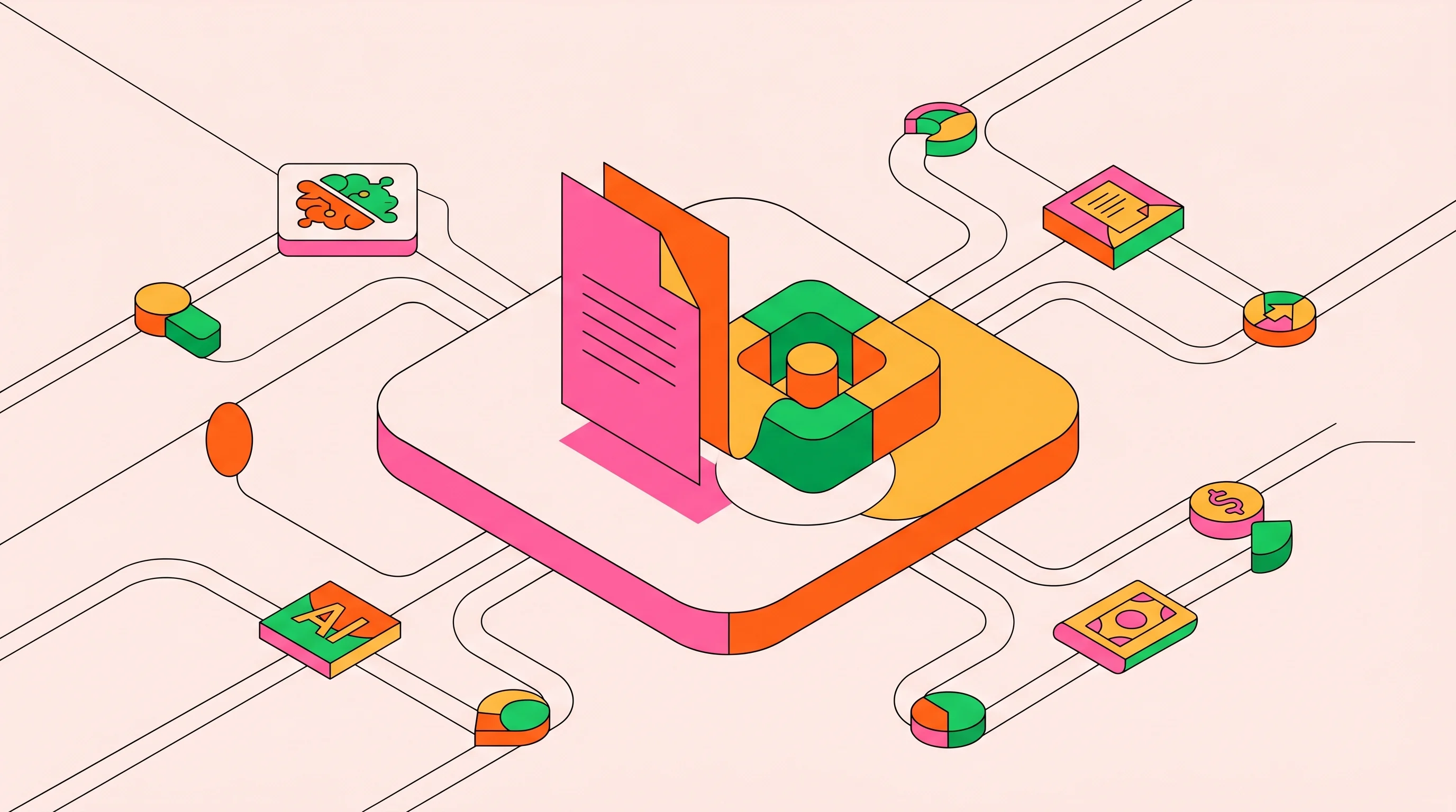 Digital illustration for article section "The Platform Play" in "How Wherex Became LATAM's Leading AI-Powered Procurement Platform" - A clean, minimal conceptual illustration of a central geometric platform representing an automated p...