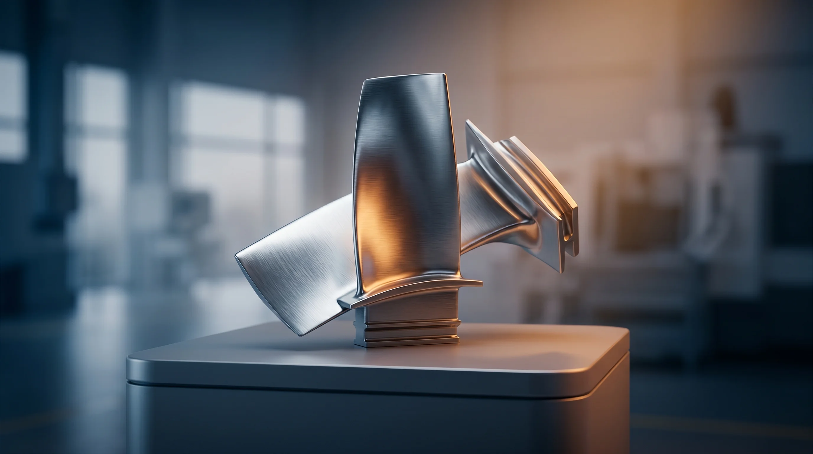Digital illustration for article section "What Comes Next" in "YC-Backed Smartbase Hits $171K ARR in Six Weeks With AI-Native ERP" - A sleek, pristine aerospace turbine blade resting elegantly on a minimalist, modern factory inspecti...