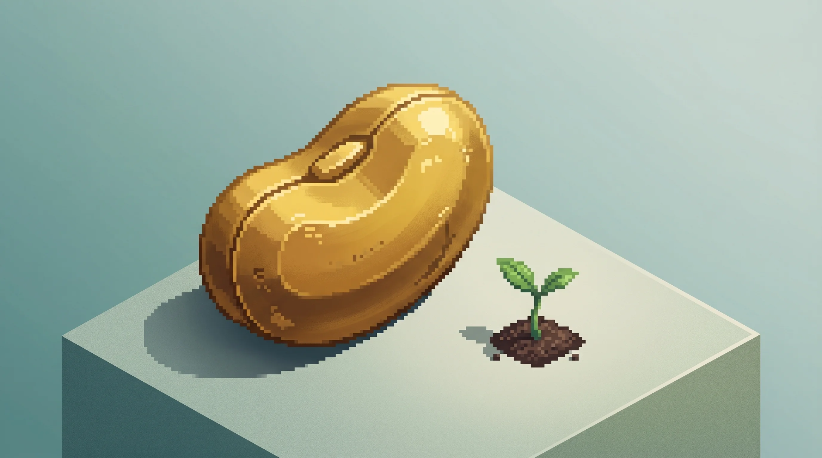 Digital illustration for article section "Seed Rounds That Make Series Bs Look Modest" in "Mirendil Raises $200M Seed Led by a16z, Kleiner Perkins, NVIDIA" - A clean, minimalist isometric composition featuring a single, massively oversized, gleaming golden s...