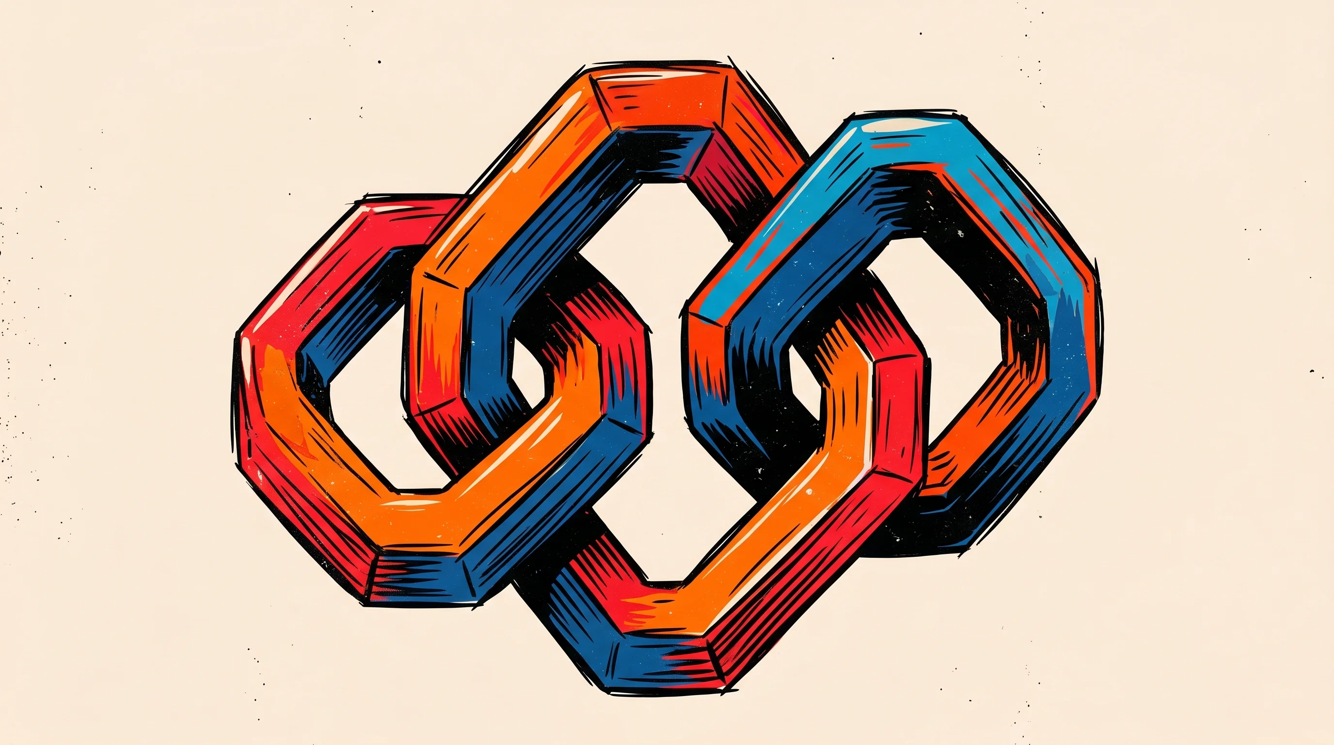 Digital illustration for article section "Content Section 3" in "Runlayer Lands $30M Series A from Felicis, Khosla for AI Agent Governance" - A conceptual and minimalist illustration featuring three large, interlocking geometric links seamles...