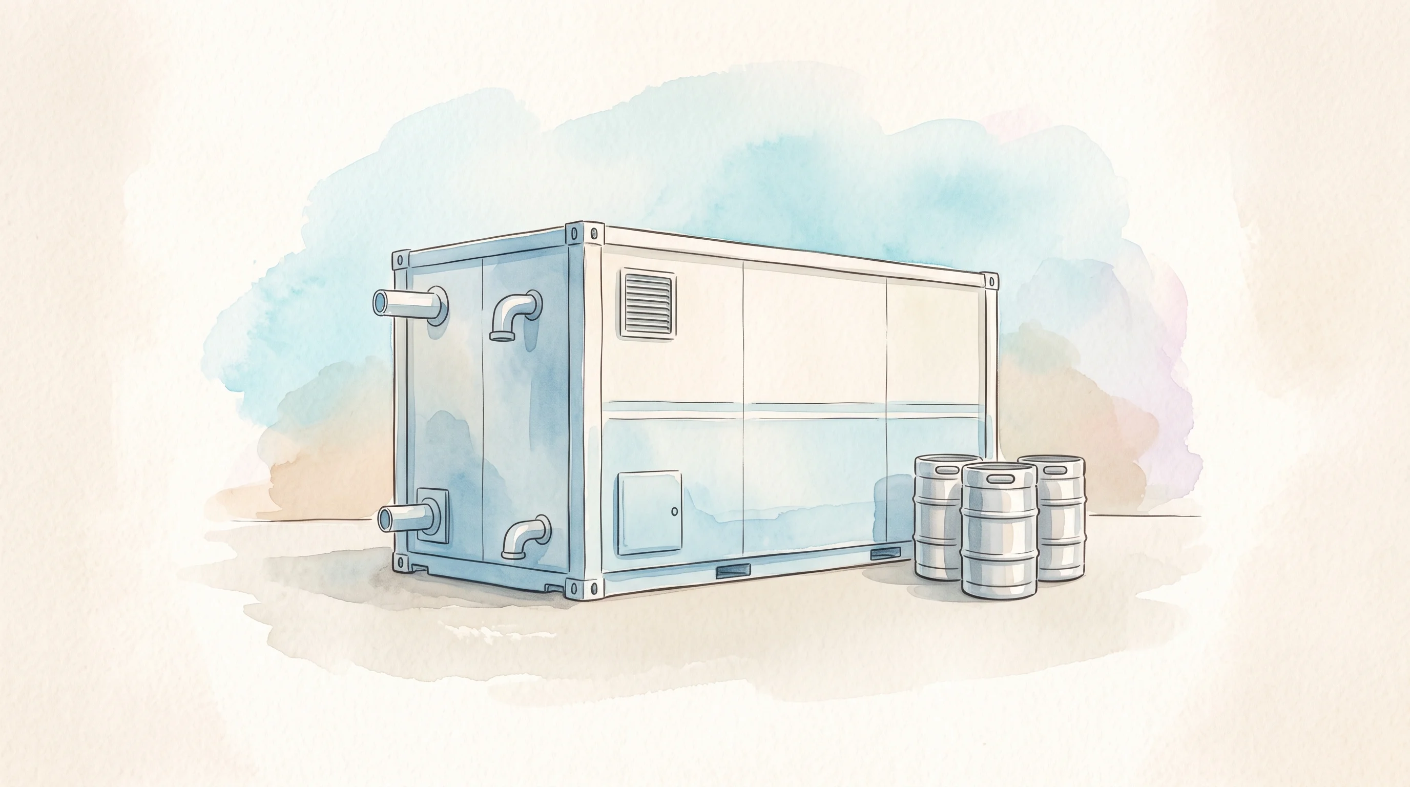Digital illustration for article section "Micro-Factories in a Box" in "Wayout Water Raises $2.8M Extension to Scale Plastic-Free Water Tech" - A minimalist, conceptual illustration of a modern containerized water purification unit, depicted as...