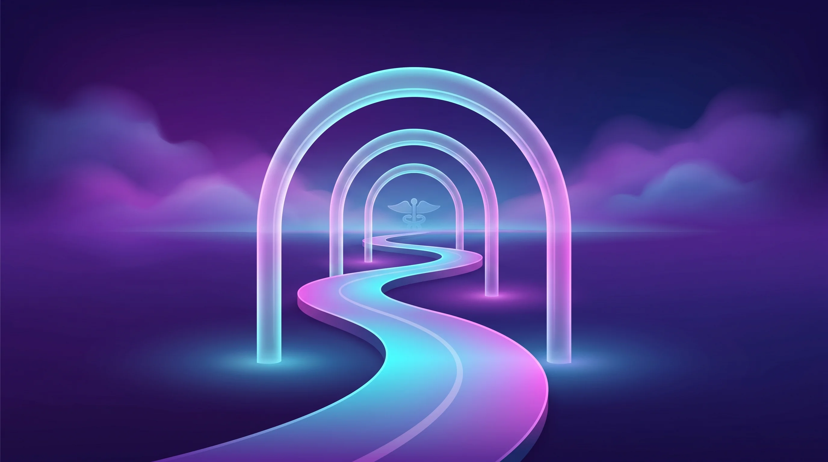 Digital illustration for article section "The Long Road Ahead" in "Imperial Spinout Neubond Secures £1.5M for Stroke Rehab Wearable" - A conceptual, minimalist image representing a healthcare development journey and regulatory pathway,...