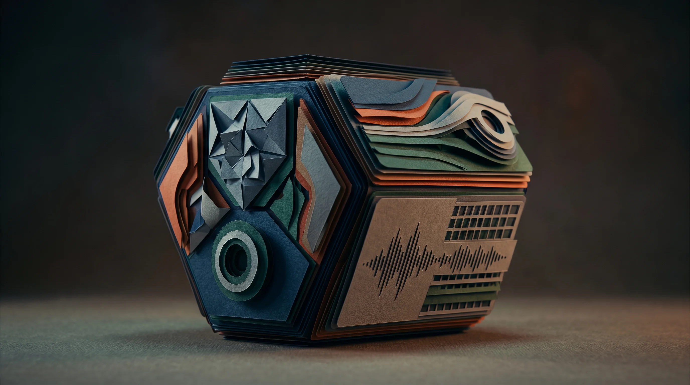 Digital illustration for article section "Models and Training" in "Eustella Launches Europe's First Sovereign AI Agent Platform" - A conceptual, miniature diorama representing a unified engine core of multiple specialized models wo...