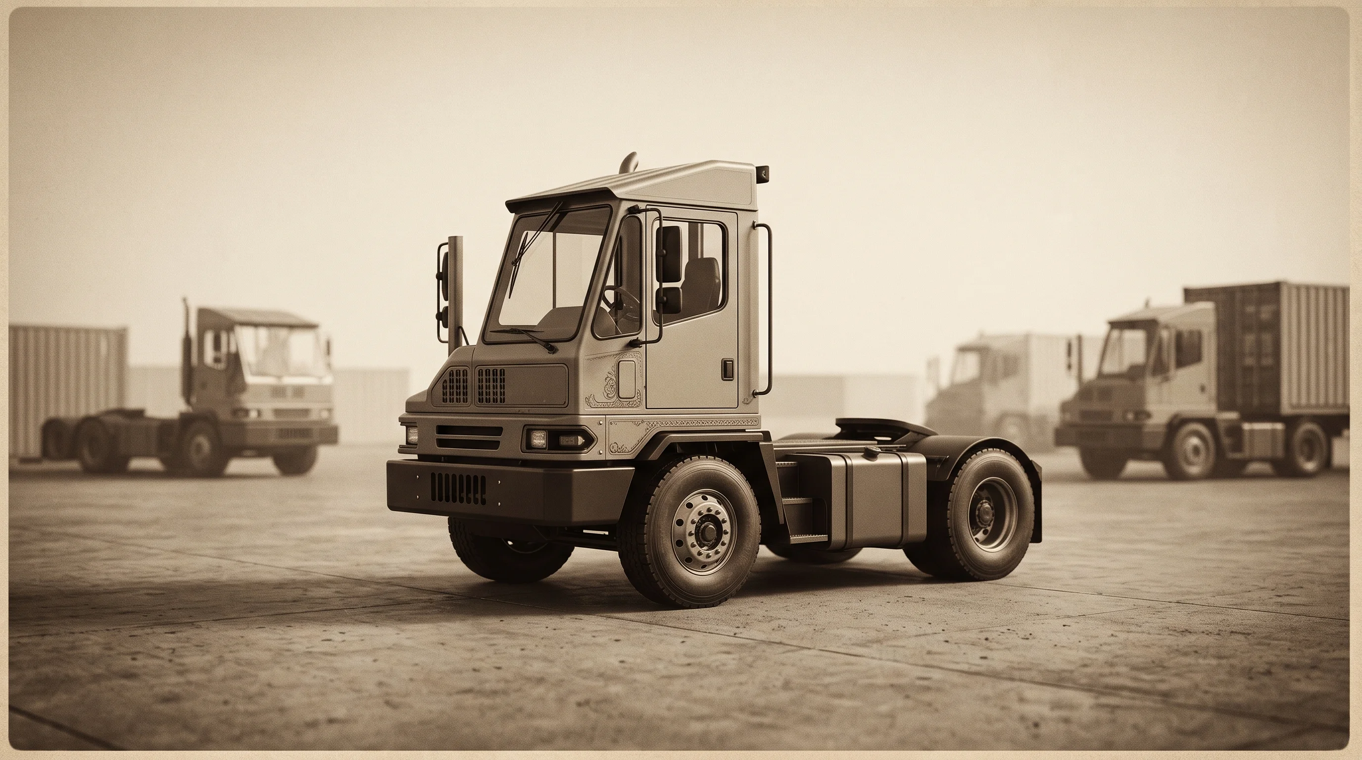 Digital illustration for article section "A Crowded Field, Despite the Niche" in "BLYYD Raises €5M to Scale Electric Yard Tractors Across Europe" - A clean, minimalist composition featuring a sleek, heavy-duty electric terminal tractor as the centr...