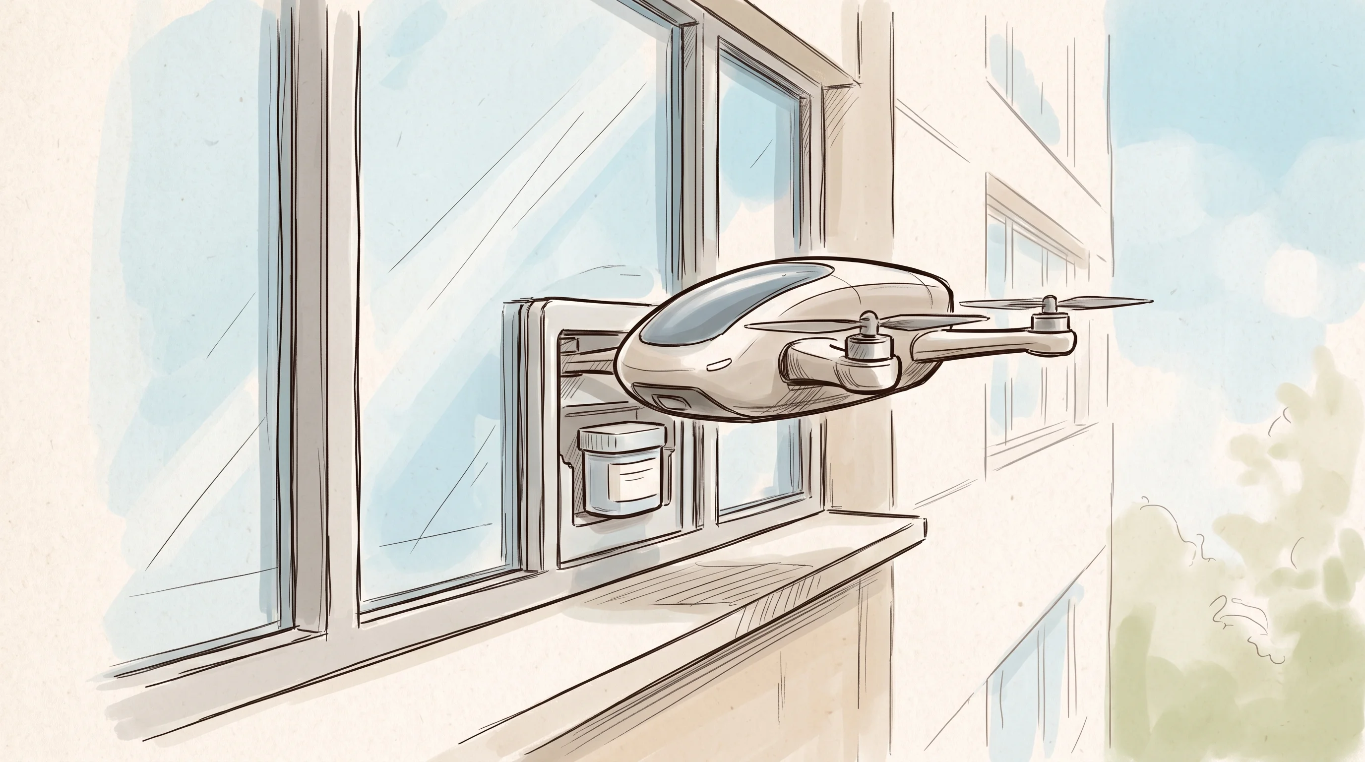 Digital illustration for article section "The Technology Beneath the Pitch" in "Maple Aviation Raises $4.6M to Deliver Meds by Drone in Europe" - A minimalist, conceptual illustration of a sleek, compact delivery drone gently docking at a modern ...