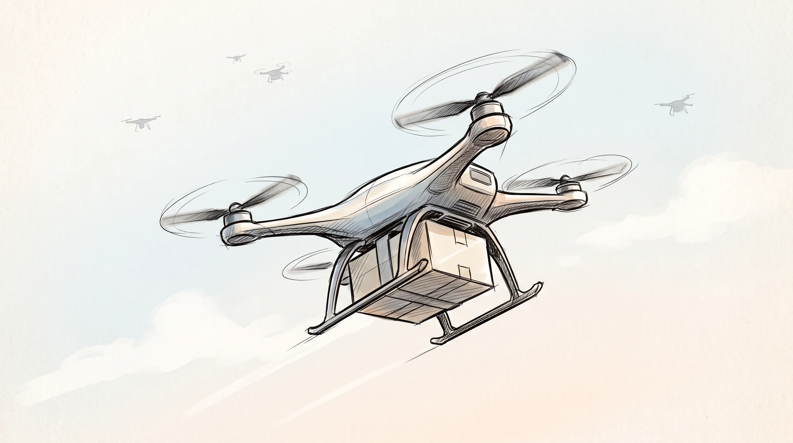Digital illustration for article section "A Crowded Sky" in "Maple Aviation Raises $4.6M to Deliver Meds by Drone in Europe" - A sleek, modern delivery drone soaring upward as the strong central focal point, set against a soft,...