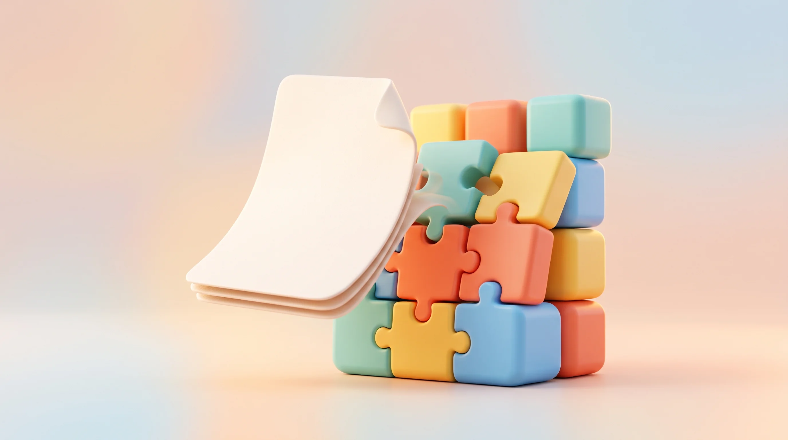 Digital illustration for article section "What Happens Next" in "YC-Backed Interfaze Fuses CNNs with LLMs for Deterministic AI Tasks" - A clean, minimalistic 3D rendering of a thick, softly rounded paper document elegantly transforming ...