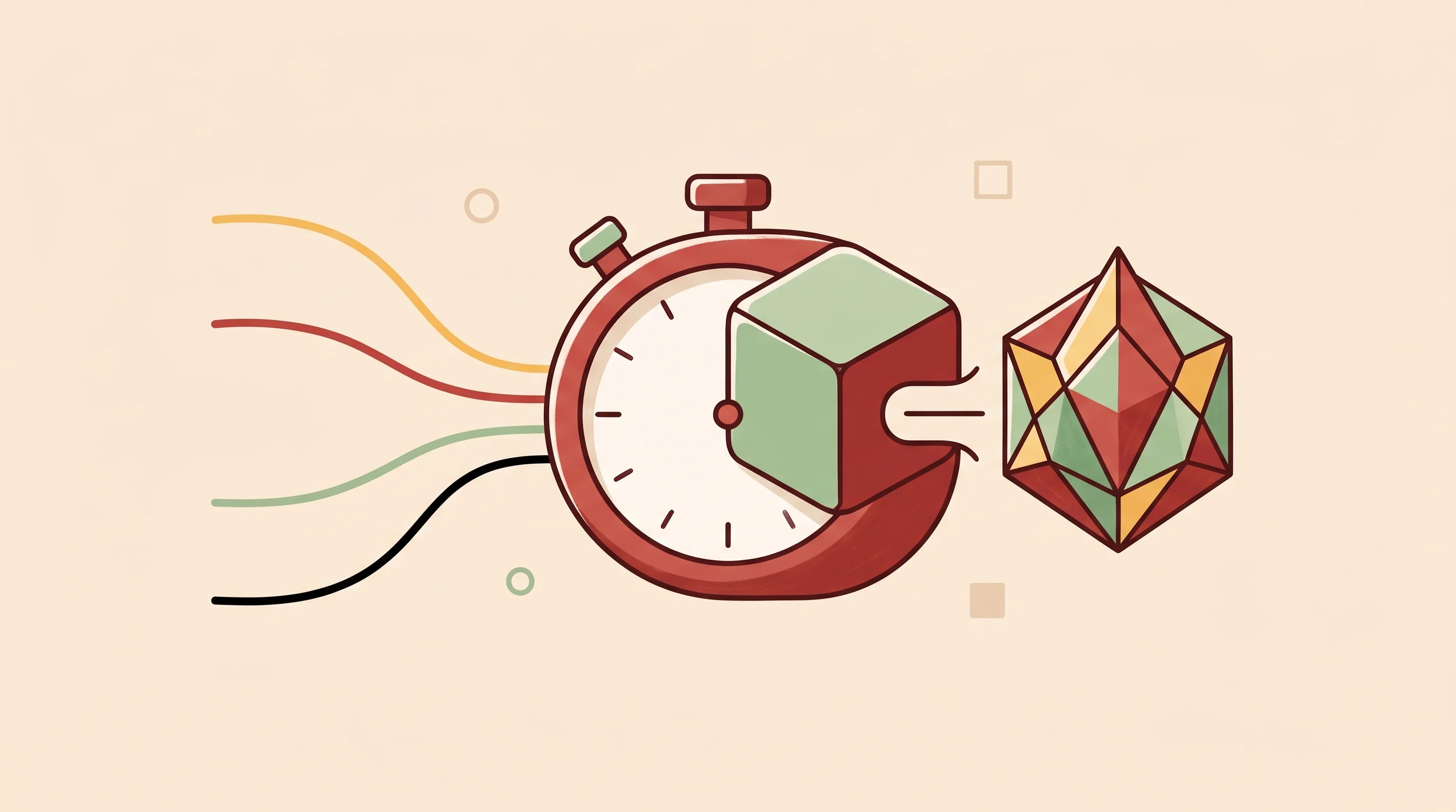 Digital illustration for article section "Four Prompts, 25 Minutes, One Complete Game" in "Motions Hits 62K Users in 5 Days With Zero Marketing Spend" - A minimalist illustration conceptualizing rapid game creation, featuring a sleek, simplified stopwat...