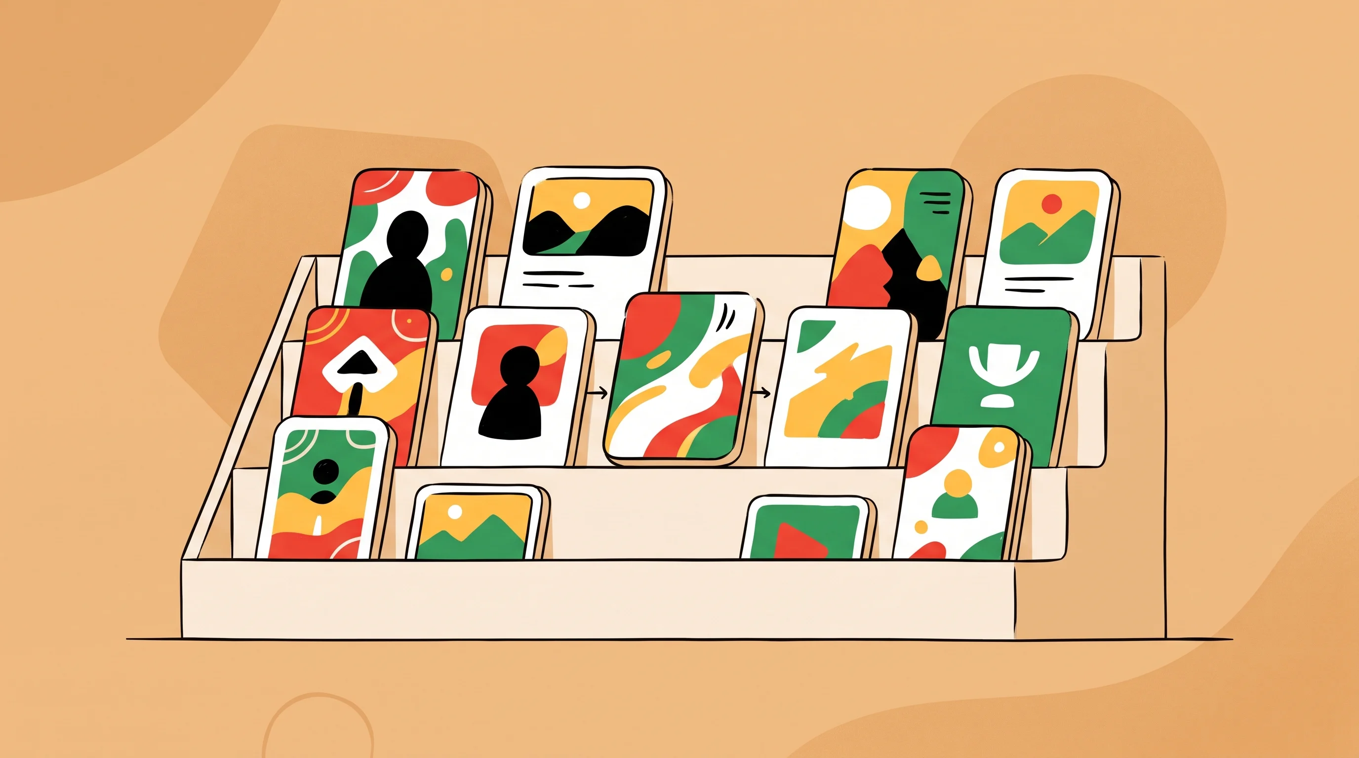 Digital illustration for article section "The Harder Part Comes Now" in "Motions Hits 62K Users in 5 Days With Zero Marketing Spend" - A minimalist illustration of a clean, abstract digital catalog expanding with new content, represent...