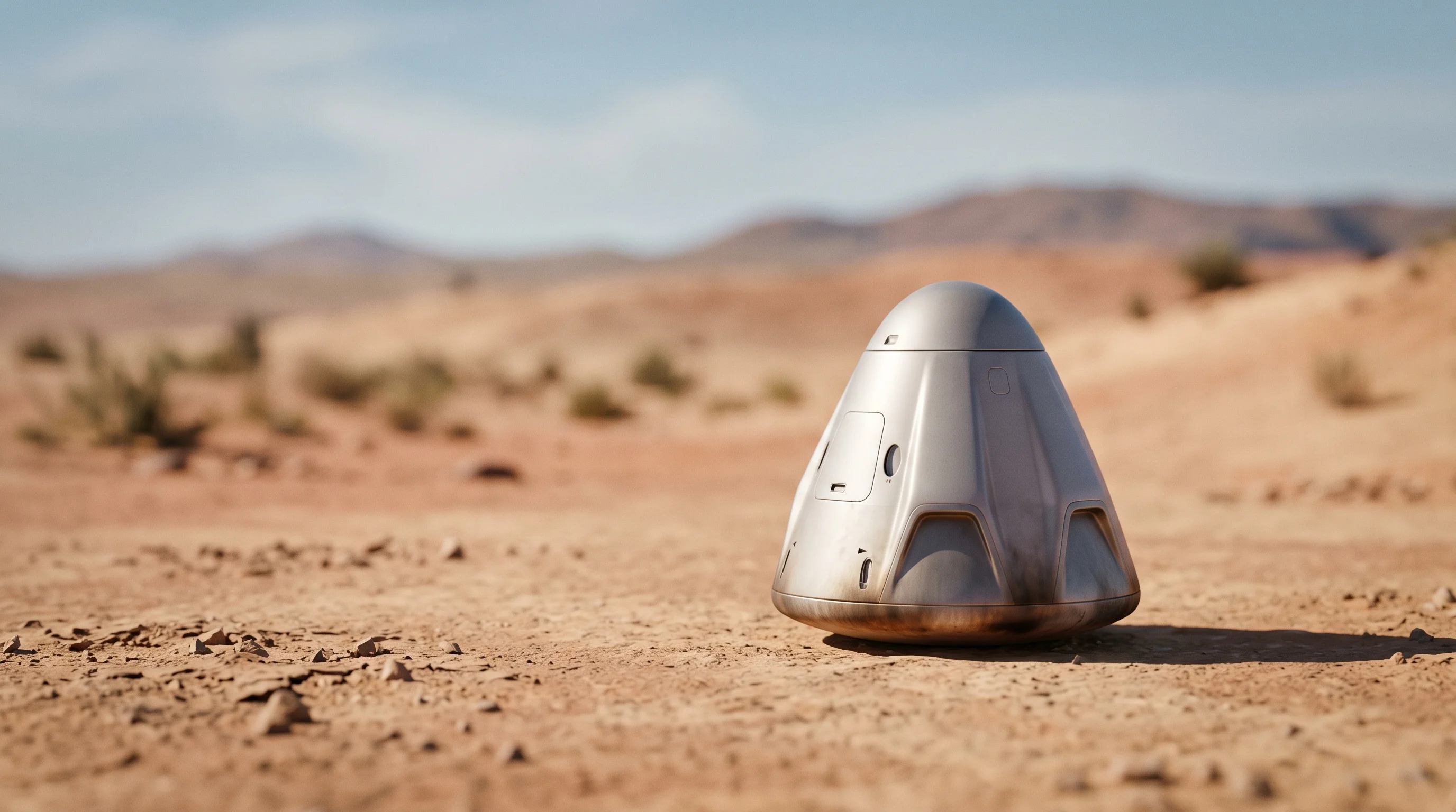 Digital illustration for article section "The New Return Fleet" in "Space Manufacturing's Bottleneck: The Race to Bring Products Home" - A macro tilt-shift photograph of a sleek, modern space return capsule resting quietly on a minimalis...