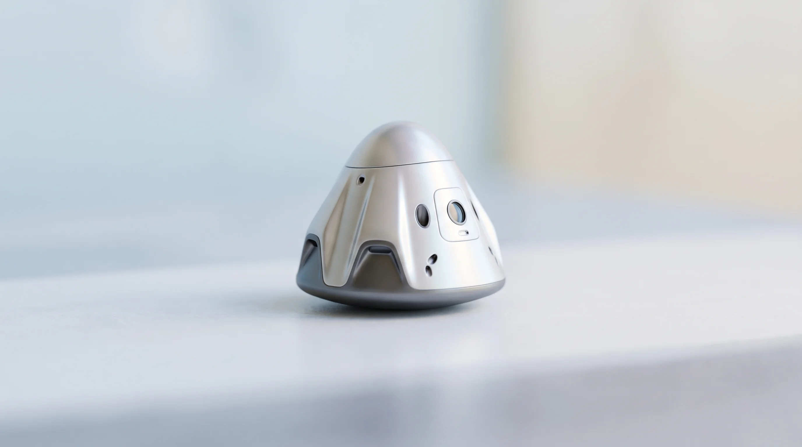 Digital illustration for article section "The Next Two Years Will Tell" in "Space Manufacturing's Bottleneck: The Race to Bring Products Home" - A sleek, modern miniature model of an aerodynamic space capsule, representing next-generation return...