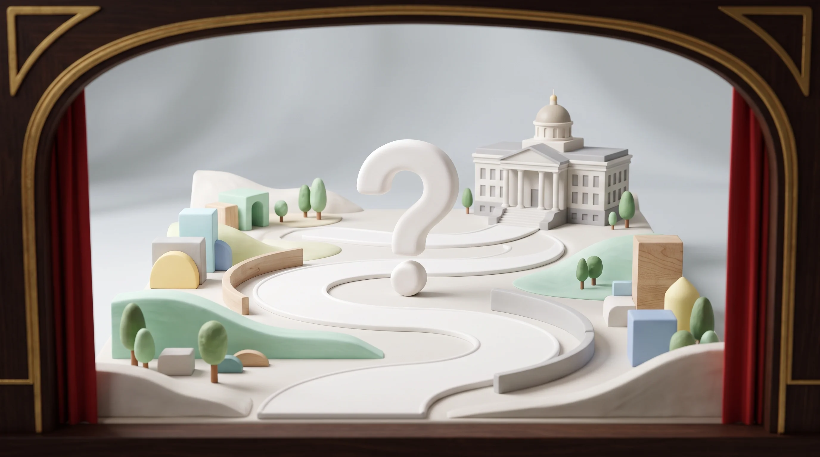 Digital illustration for article section "The Regulatory Question Mark" in "SterileState Secures $10.8M Seed for Nitric Oxide Sterilization Tech" - A conceptual, highly detailed 3D miniature model representing a regulatory pathway for a new sterili...