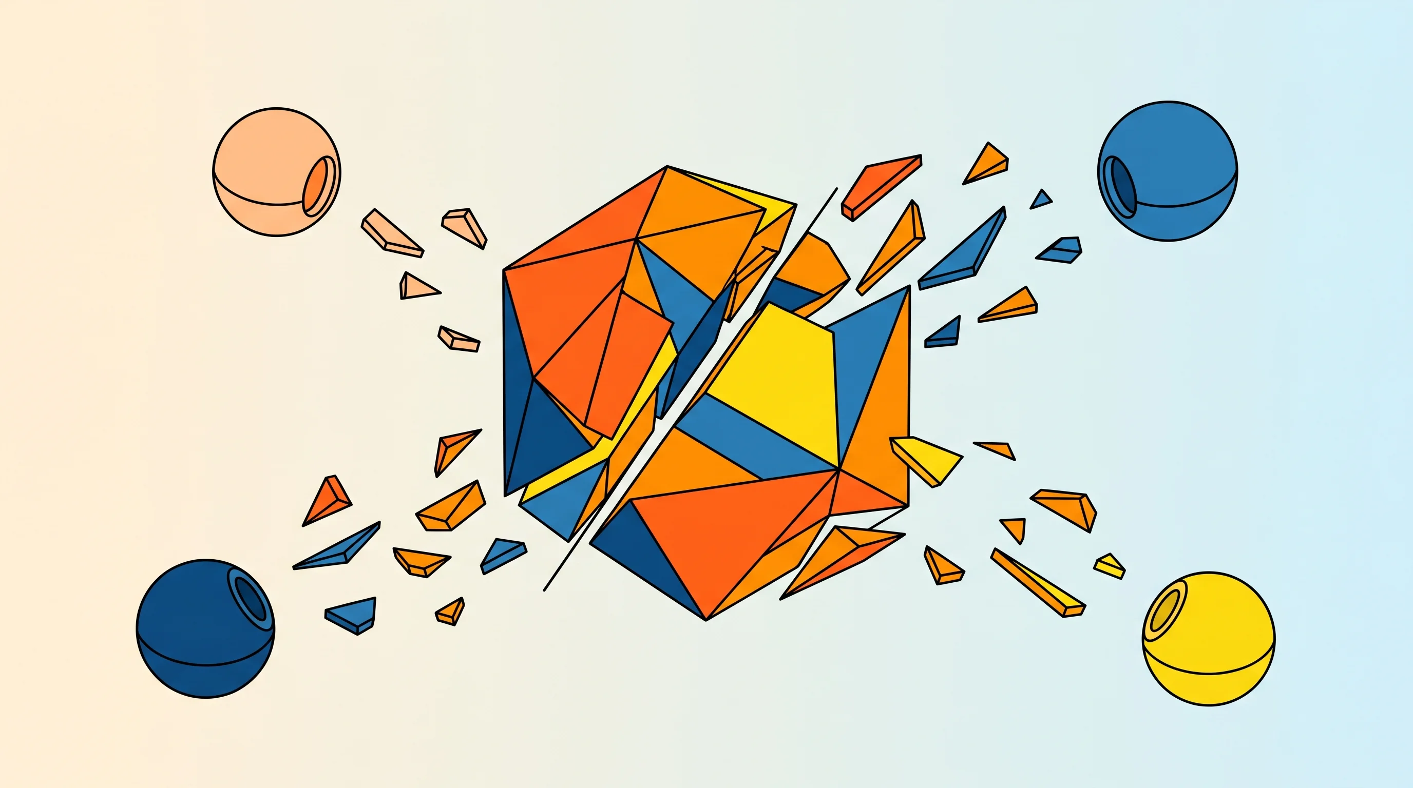 Digital illustration for article section "The Cyberstorage Pitch: Shred, Scatter, Sleep Easy" in "Myota's Multi-Year Series A Strategy: Raising for Ransomware Immunity" - A conceptual, retro-futuristic illustration of a solid geometric data structure being precisely slic...