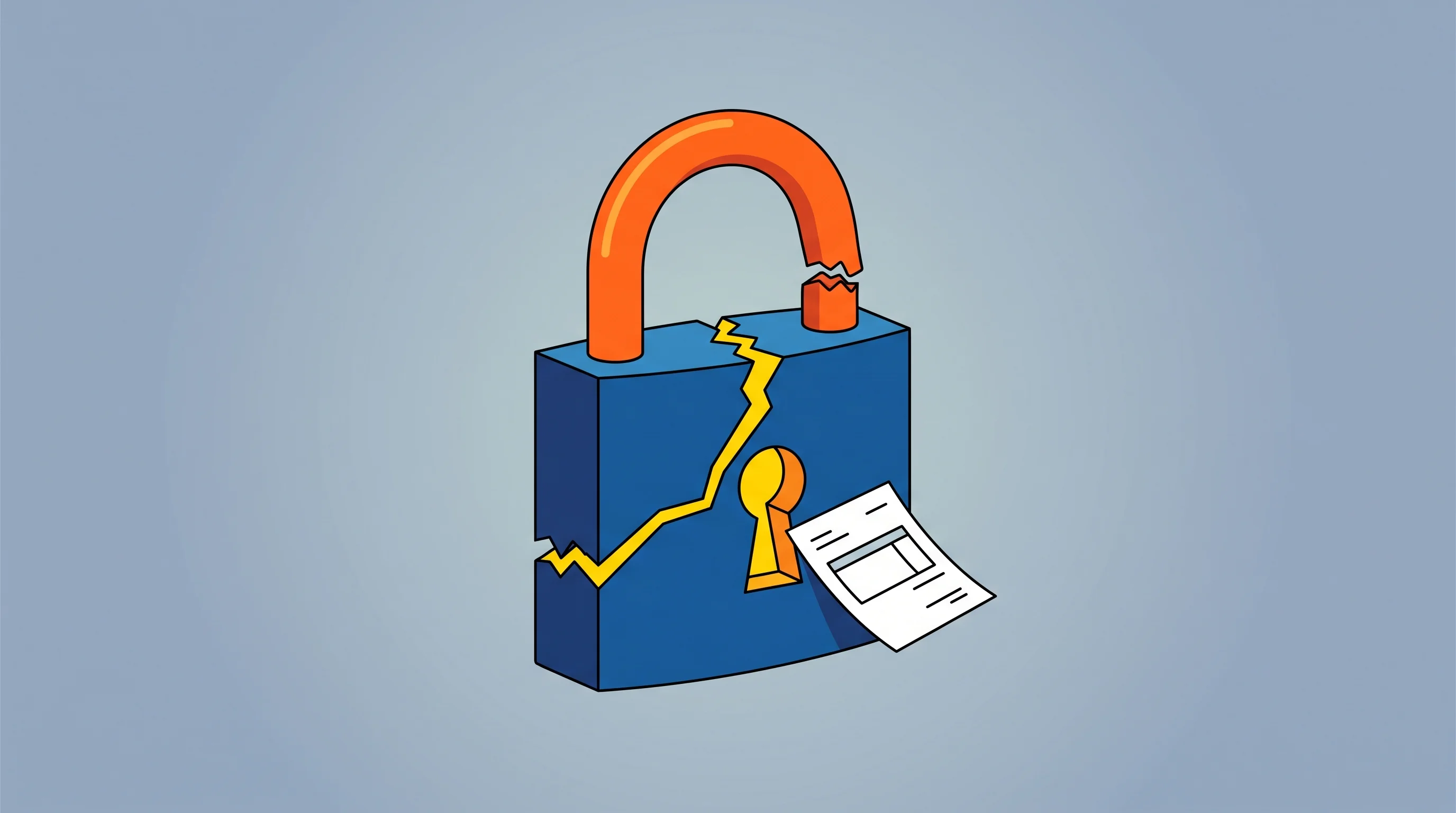 Digital illustration for article section "A Crowded, Anxious Market" in "Myota's Multi-Year Series A Strategy: Raising for Ransomware Immunity" - A minimalist, conceptual illustration of a single oversized, heavy padlock cracking under immense pr...