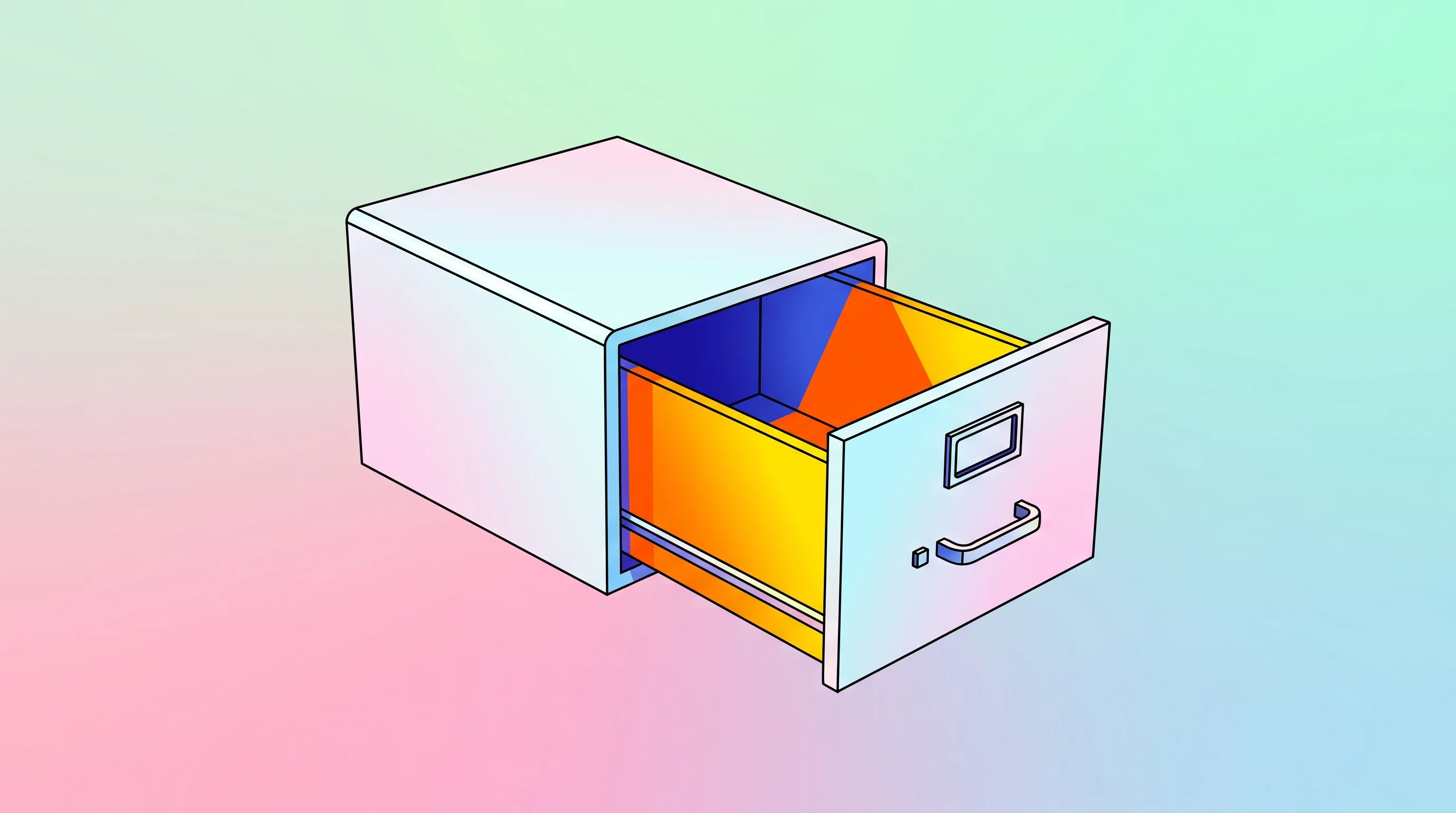 Digital illustration for article section "What the Filings Don't Say" in "Myota's Multi-Year Series A Strategy: Raising for Ransomware Immunity" - A conceptual retro-pop illustration of a single, oversized, sleek retro-futuristic filing cabinet dr...