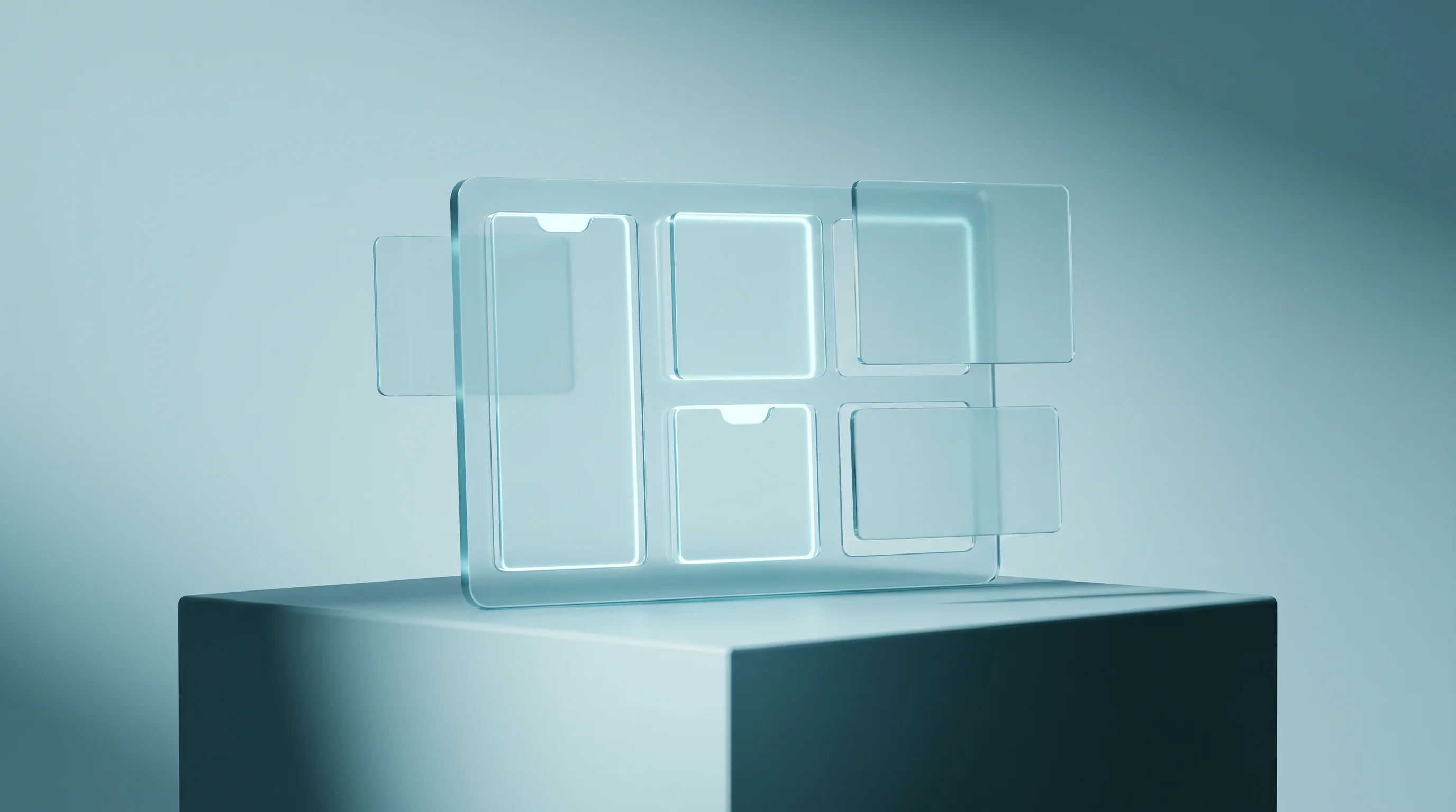 Digital illustration for article section "What's Still Missing" in "YC's Fuchsia Launches AI Hardware Compliance Platform" - A conceptual 3D rendering of a sleek, modern presentation display representing a new company's launc...
