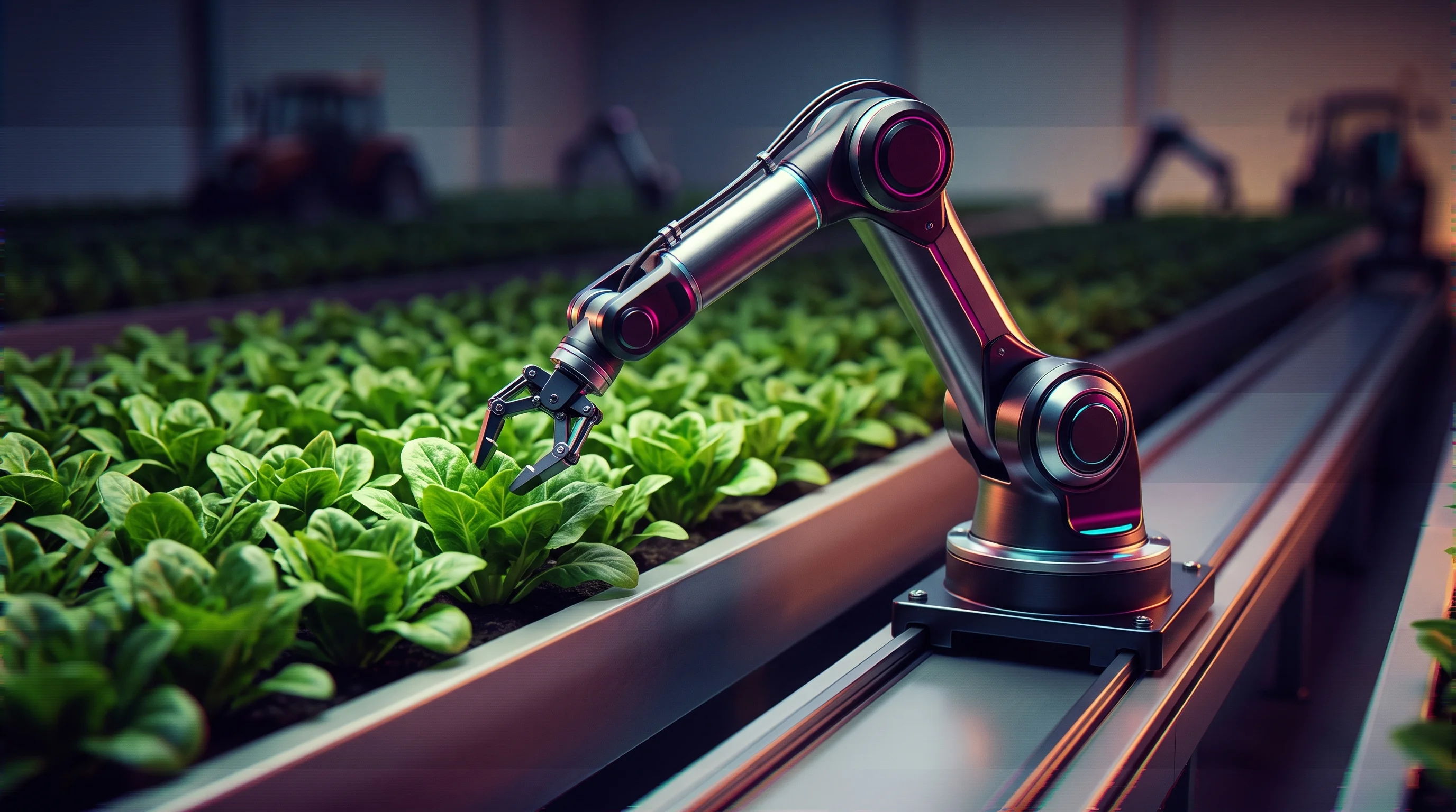 Digital illustration for article section "A Crowded Field with Mixed Results" in "YC-Backed Synphony Takes Robotic Pickers to $3B Strawberry Industry" - A sleek, modern agricultural harvesting robotic arm delicately interacting with a vibrant green crop...