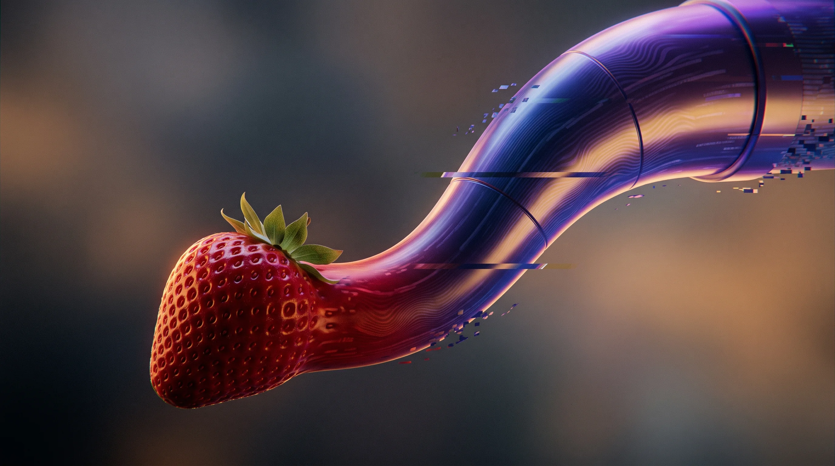 Digital illustration for article section "The Bigger Bet Beyond Berries" in "YC-Backed Synphony Takes Robotic Pickers to $3B Strawberry Industry" - A clean, minimalist, and cinematic composition featuring a single, vividly detailed ripe strawberry ...