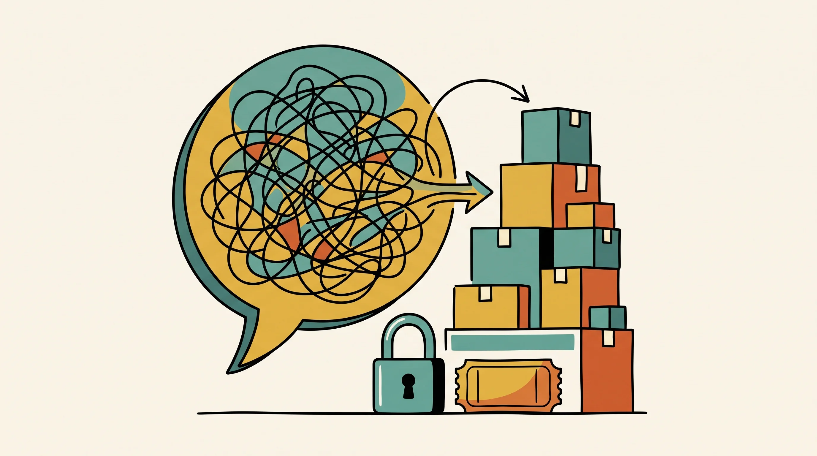 Digital illustration for article section "What Comes Next" in "OrderAhead Founders Launch AI Agent for Customer Operations" - A minimalist, conceptual illustration of a large, stylized speech bubble overflowing with a chaotic ...