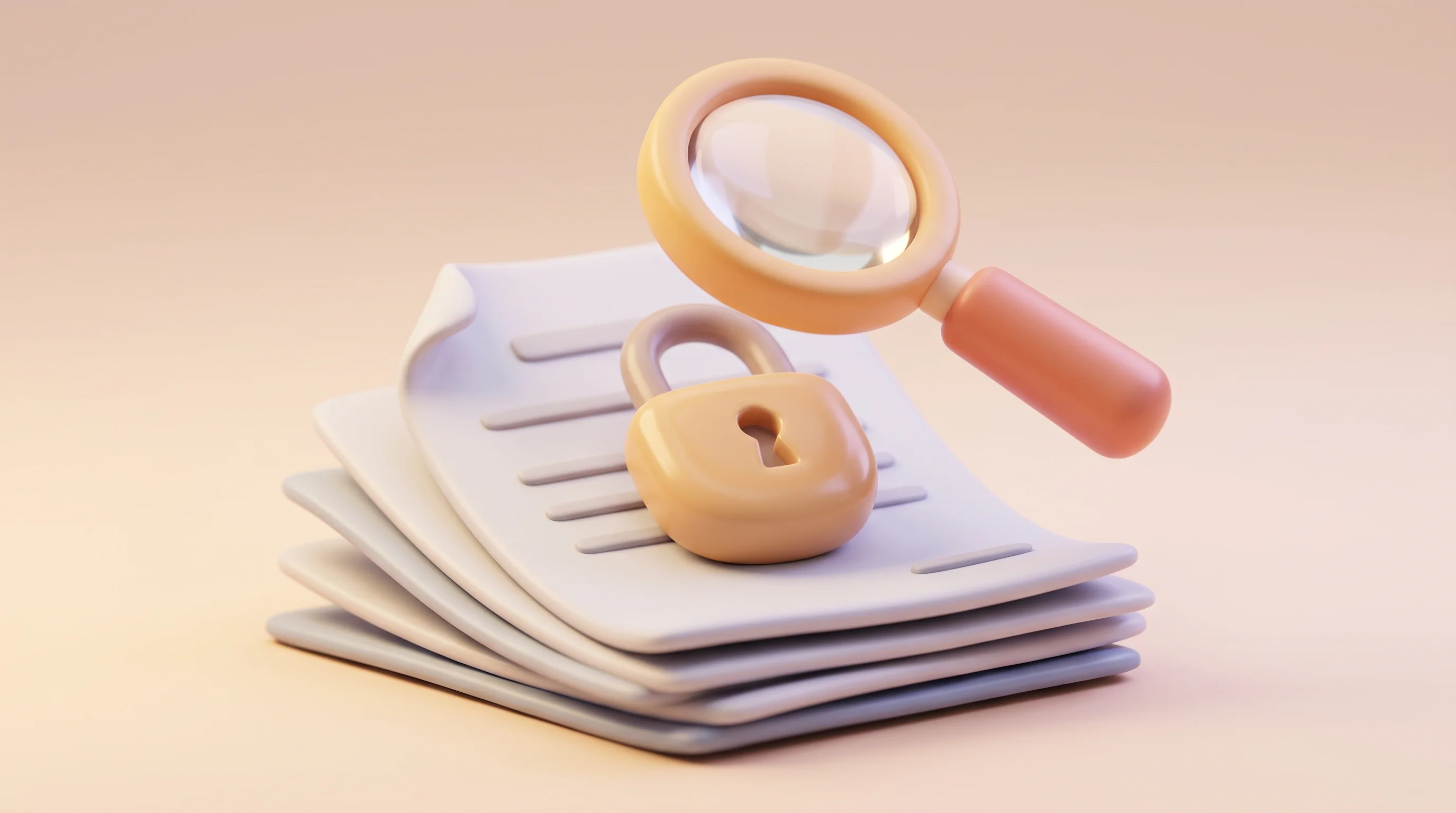 Digital illustration for article section "The Privacy Fine Print" in "YC-Backed jo Launches Private AI Assistant That Runs Your Life Overnight" - A clean, minimal composition featuring a highly detailed, 3D miniature model of a stylized document ...