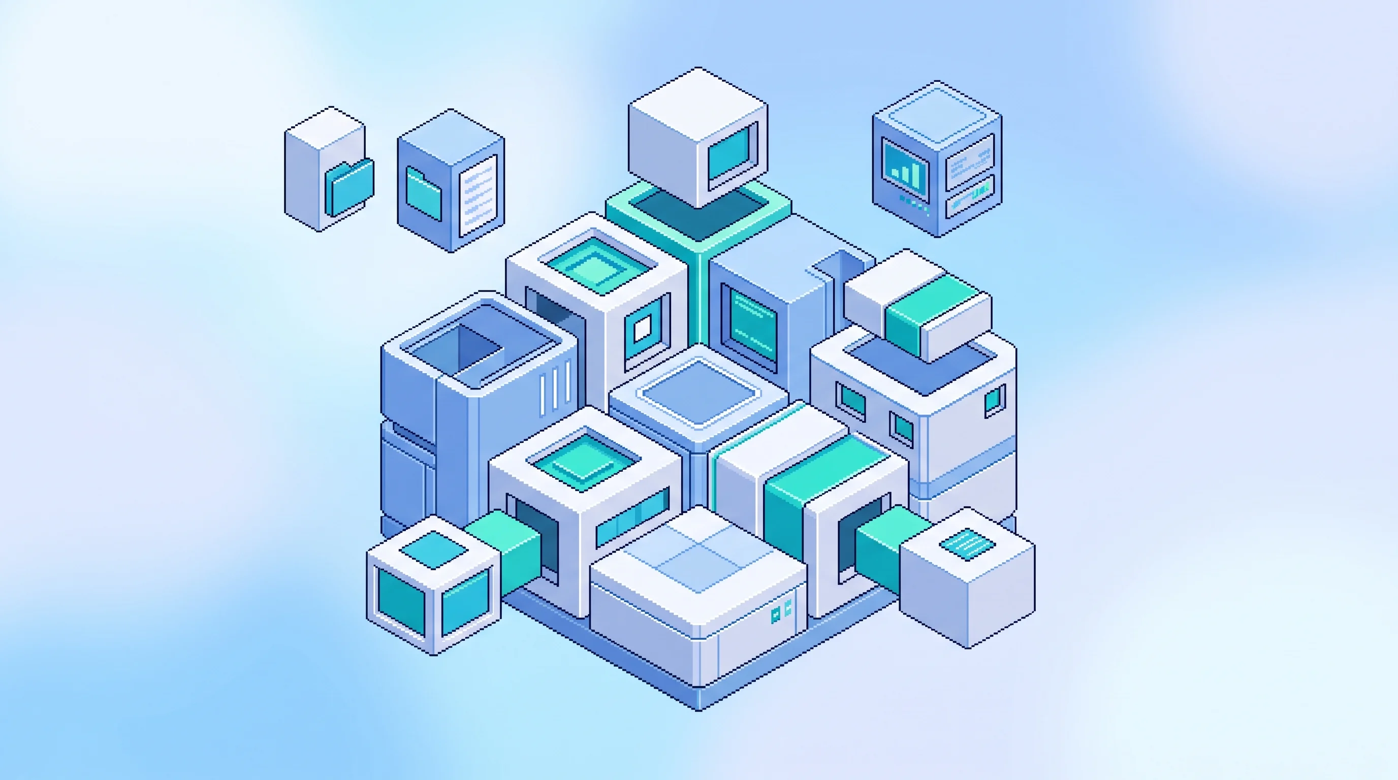 Digital illustration for article section "The Build Process" in "YC-Backed WithAI Lands 4 Hedge Funds with AI Agent Platform" - A top-down isometric view of a clean, modern conceptual structure representing a financial fund's ec...