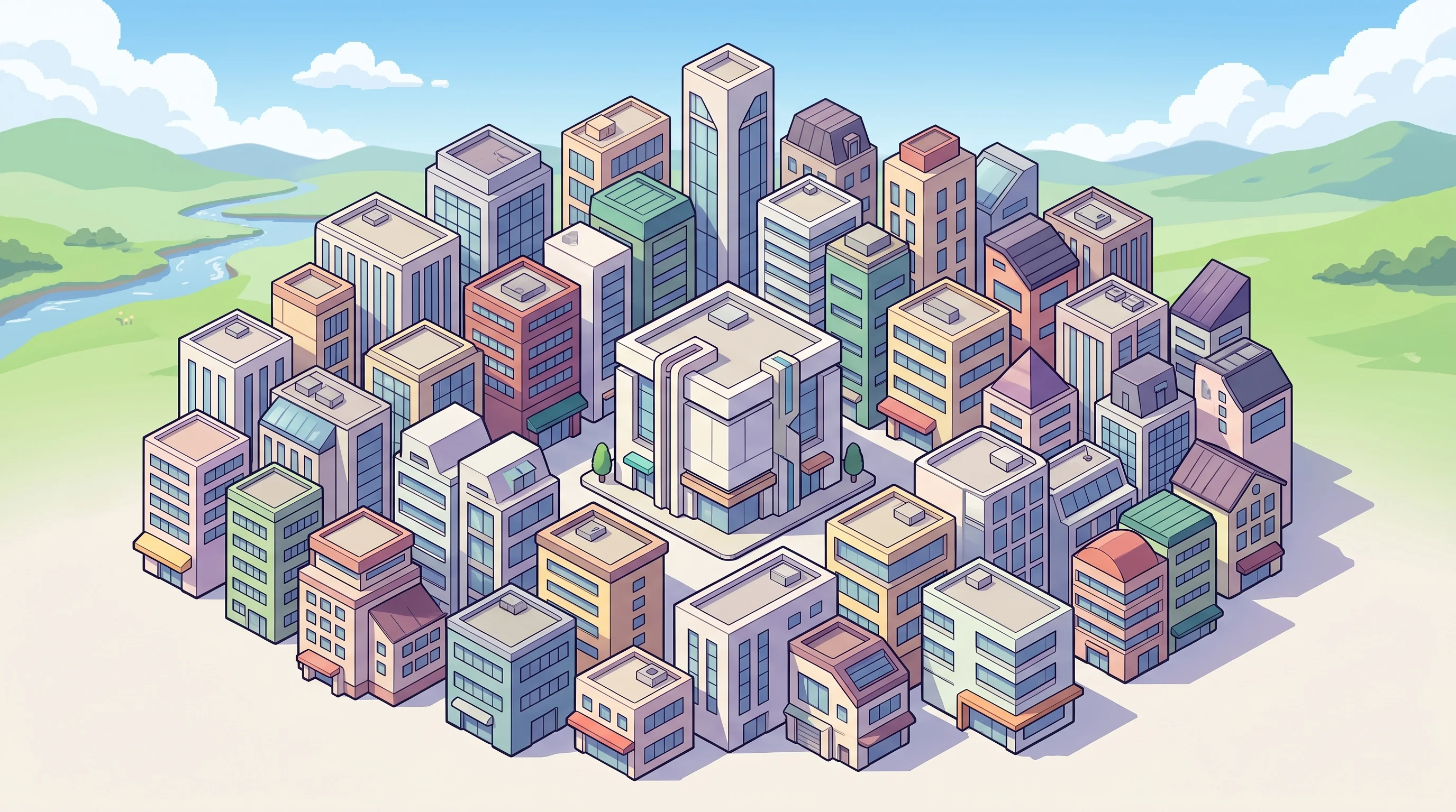 Digital illustration for article section "A Suddenly Crowded Market" in "YC-Backed WithAI Lands 4 Hedge Funds with AI Agent Platform" - A conceptual top-down isometric view of a sleek, minimalist business district representing a suddenl...